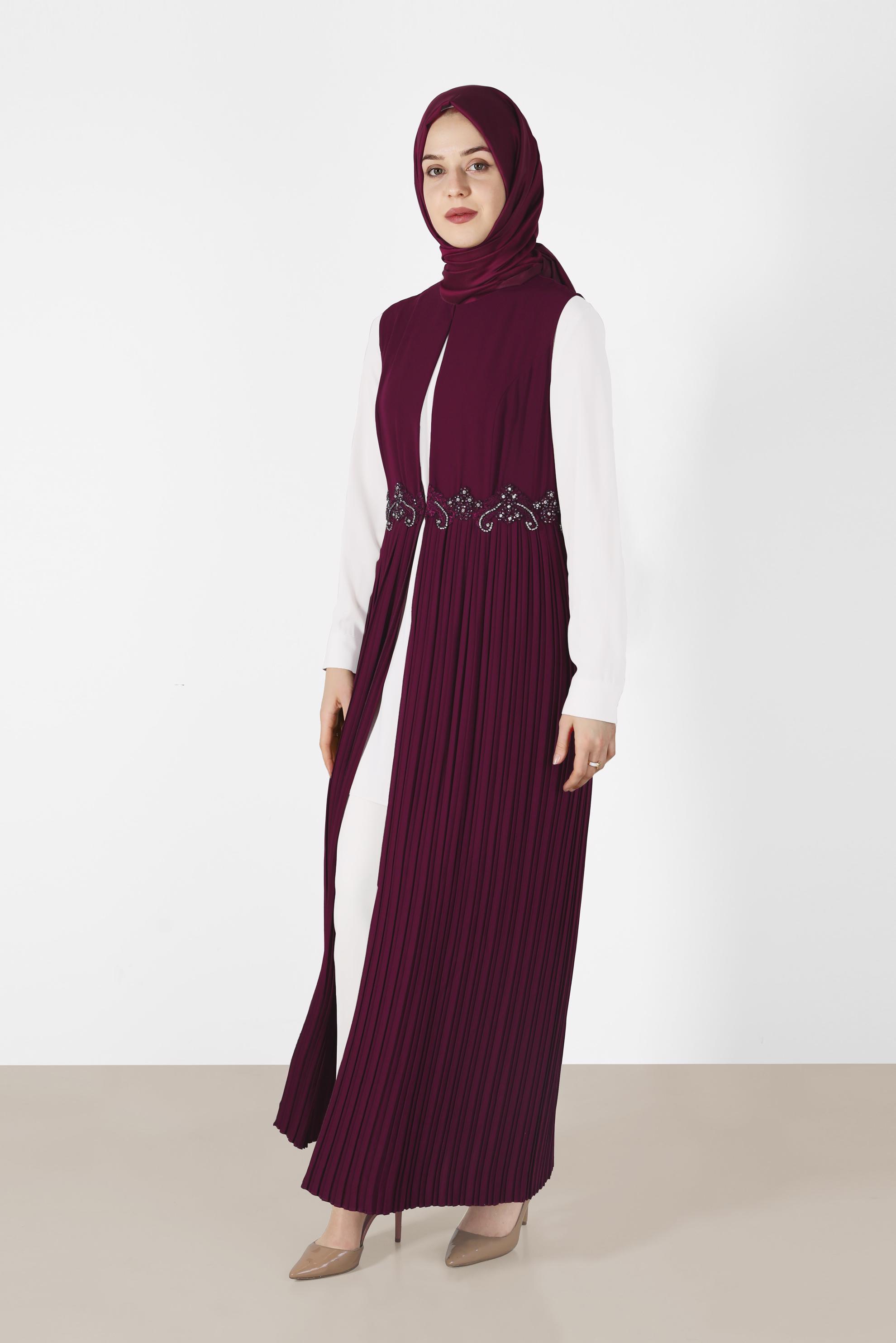 Tesettür giyim MÜRDÜM İŞLEME DETAYLI ETEĞİ PİLİSELİ 3&prime;LÜ PANT. TAKIM 3381P 