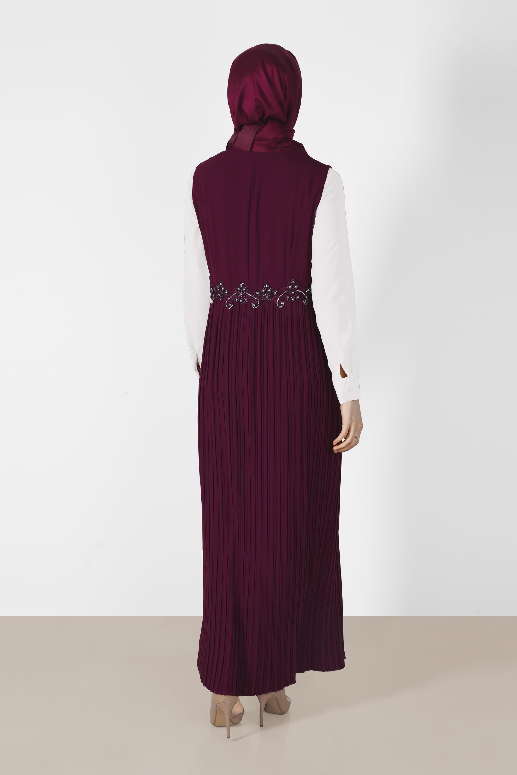 Tesettür giyim MÜRDÜM İŞLEME DETAYLI ETEĞİ PİLİSELİ 3&prime;LÜ PANT. TAKIM 3381P 