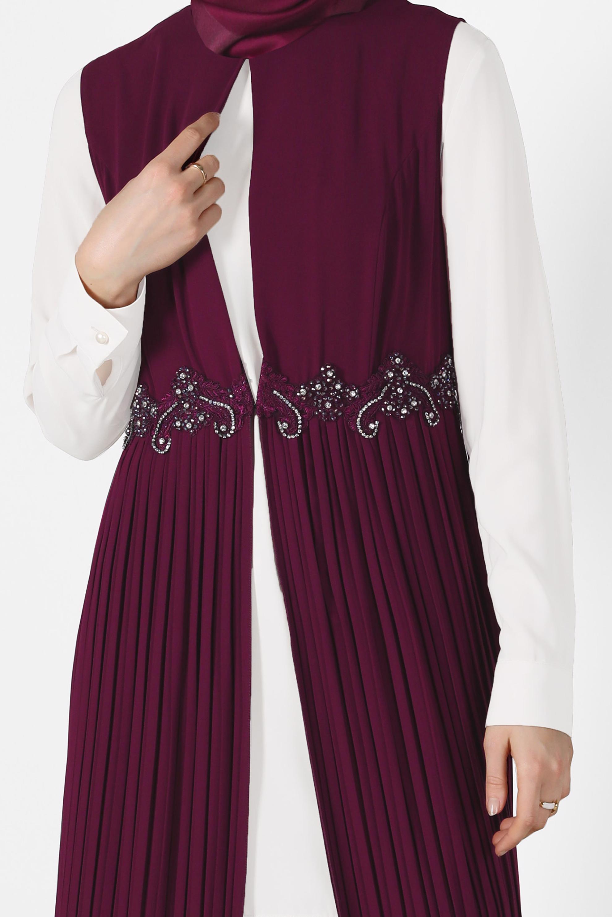 Tesettür giyim MÜRDÜM İŞLEME DETAYLI ETEĞİ PİLİSELİ 3&prime;LÜ PANT. TAKIM 3381P 