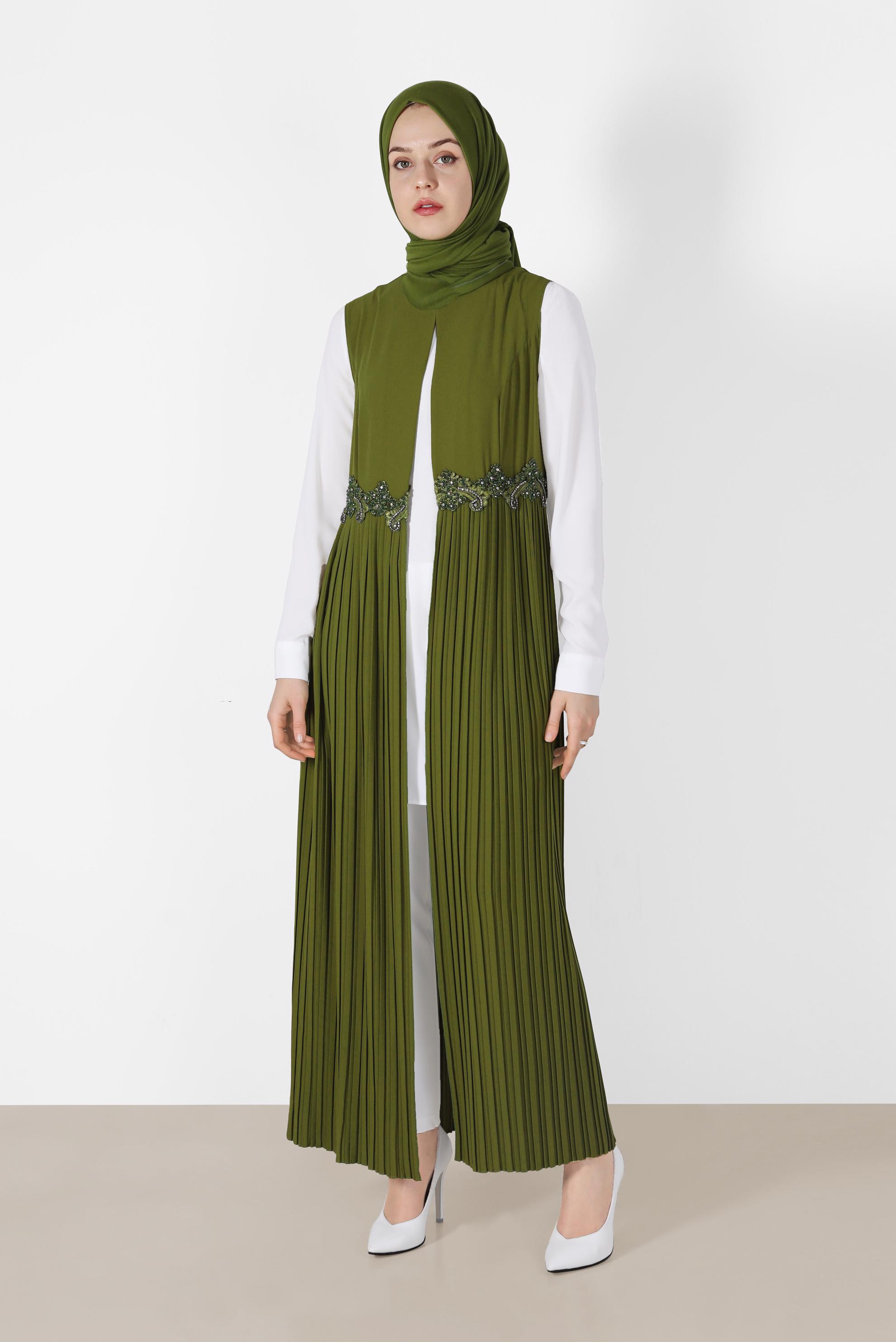 Tesettür giyim YEŞİL İŞLEME DETAYLI ETEĞİ PİLİSELİ 3&prime;LÜ PANT. TAKIM 3381P 