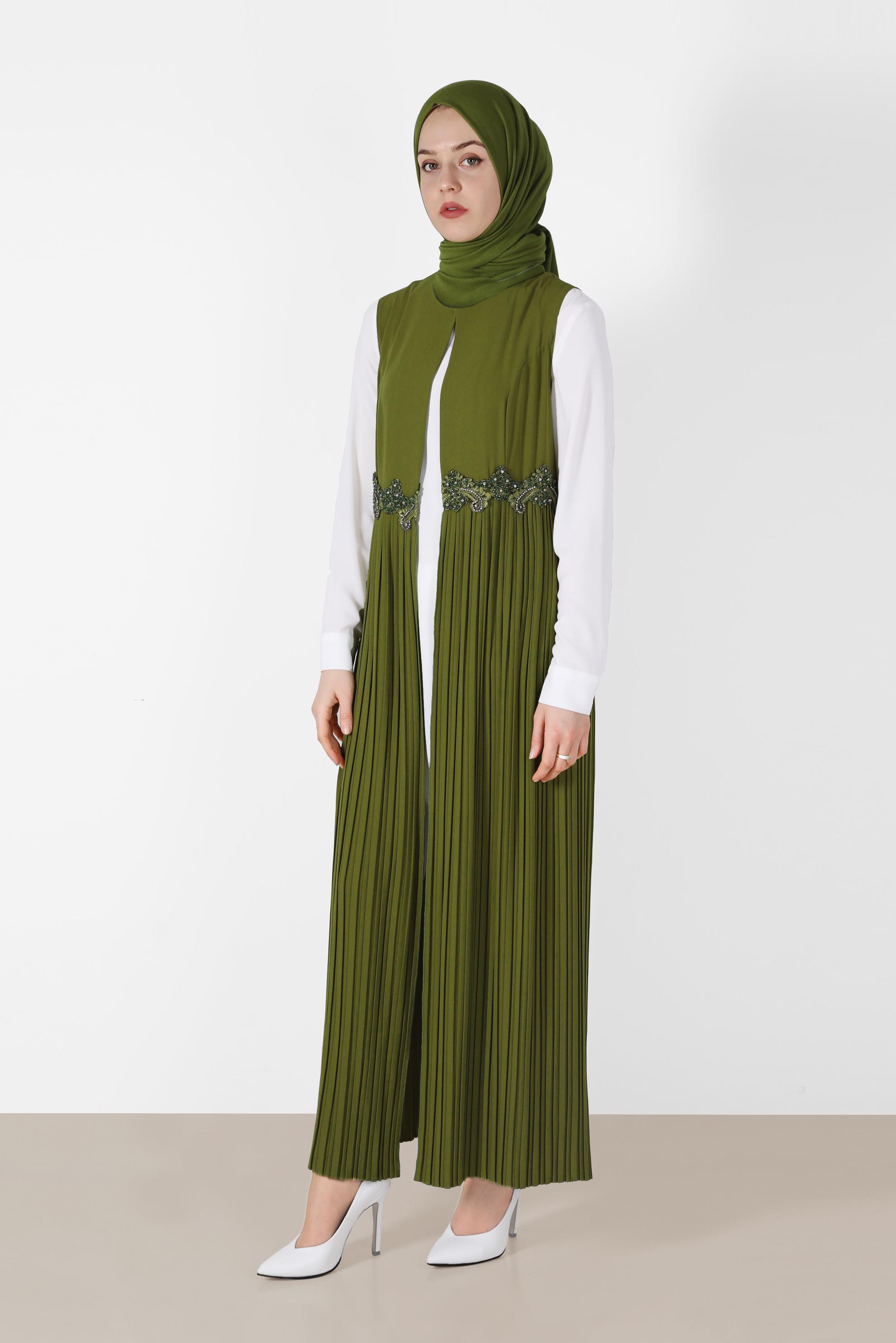 Tesettür giyim YEŞİL İŞLEME DETAYLI ETEĞİ PİLİSELİ 3&prime;LÜ PANT. TAKIM 3381P 