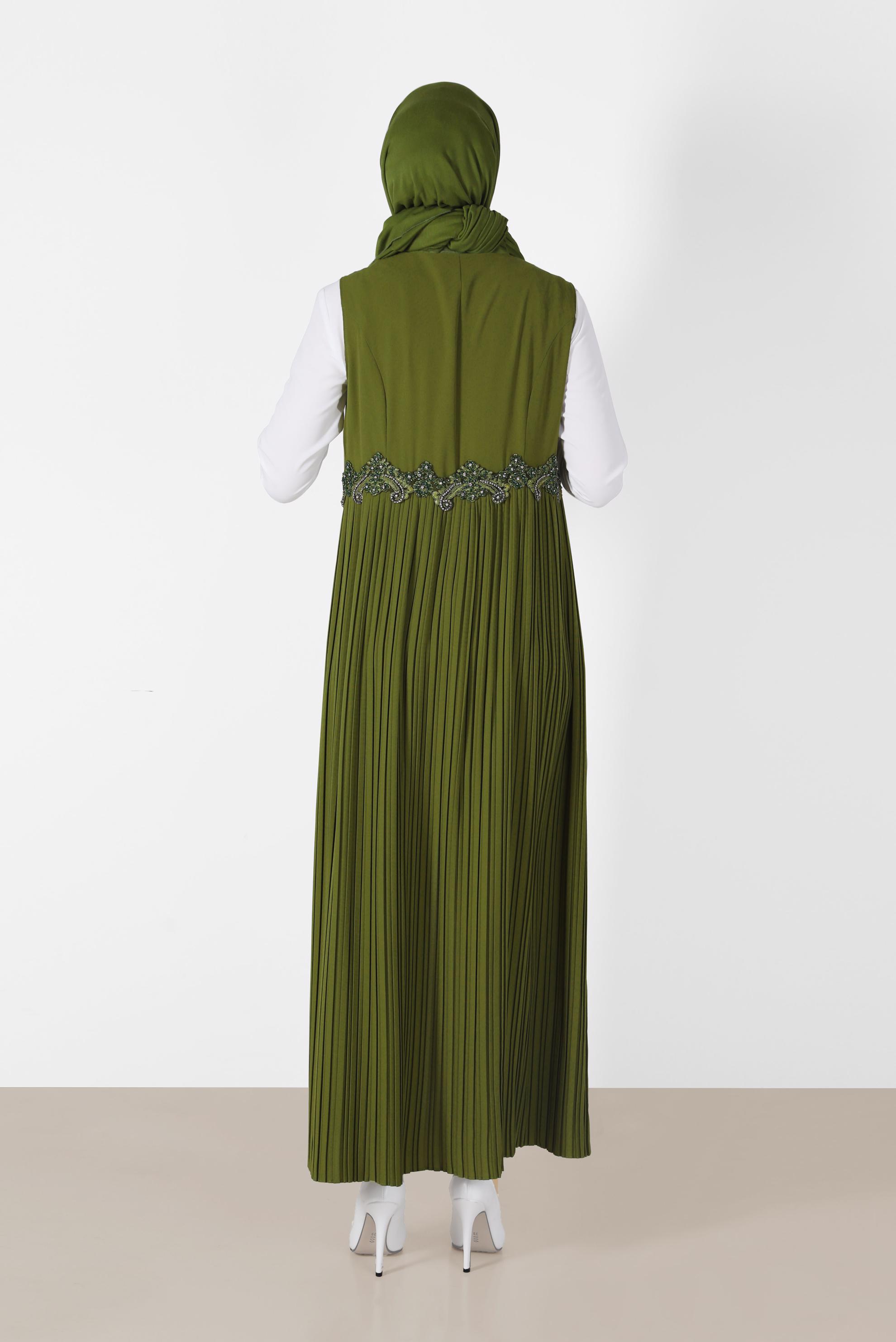 Tesettür giyim YEŞİL İŞLEME DETAYLI ETEĞİ PİLİSELİ 3&prime;LÜ PANT. TAKIM 3381P 