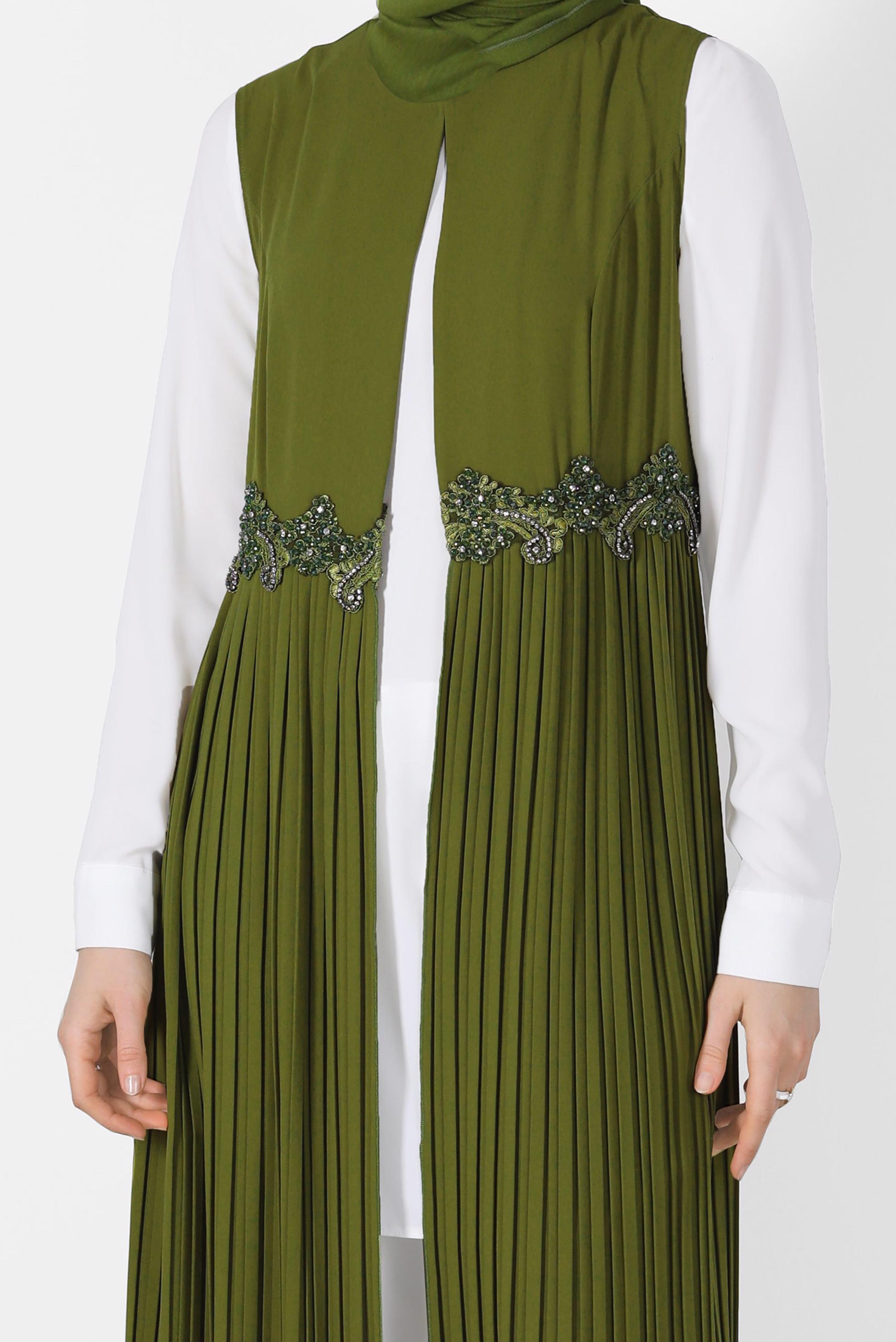 Tesettür giyim YEŞİL İŞLEME DETAYLI ETEĞİ PİLİSELİ 3&prime;LÜ PANT. TAKIM 3381P 