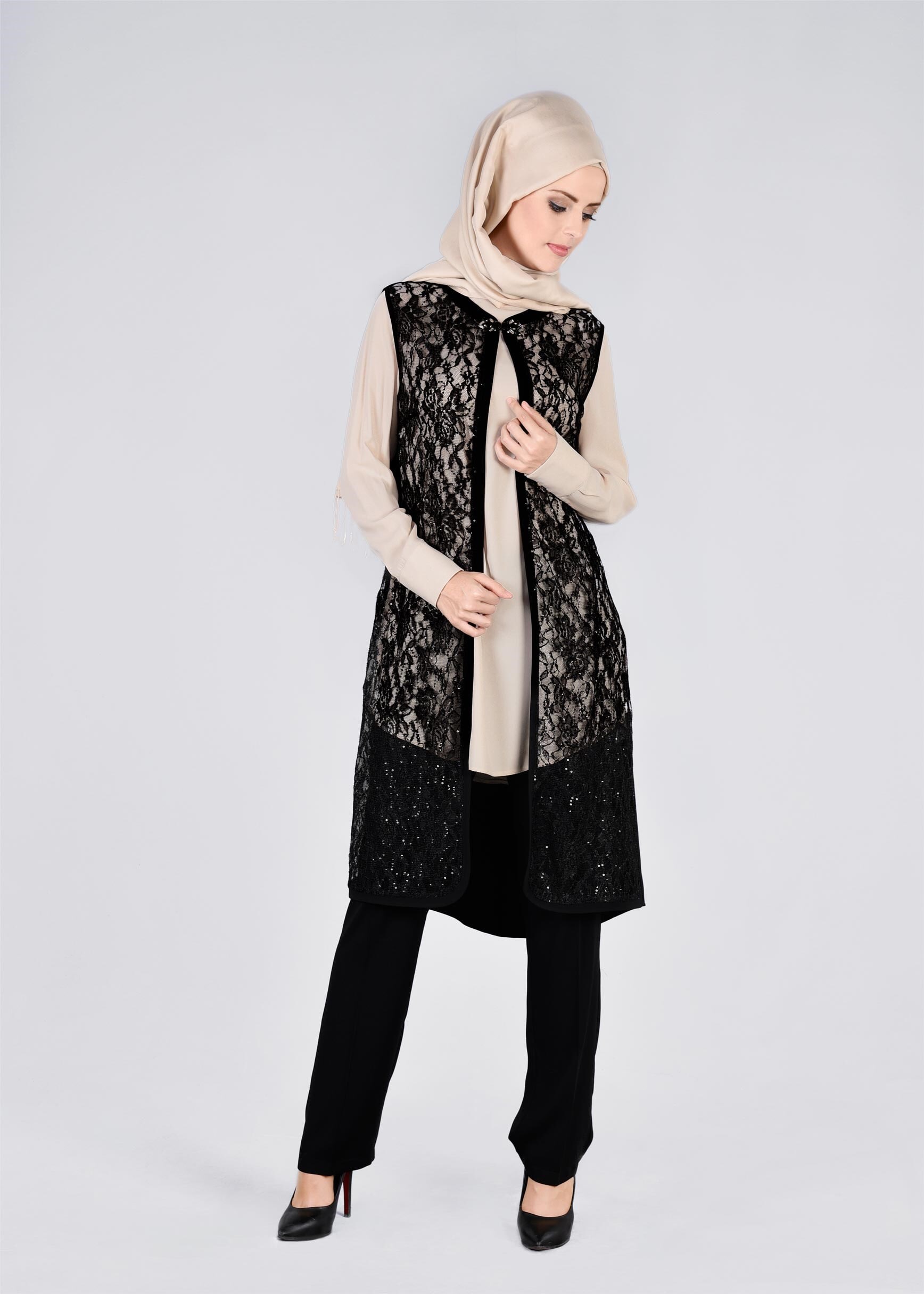 Tesettür giyim SİYAH DANTEL DETAYLI 3&prime;LÜ PANT. TAKIM 3382P 