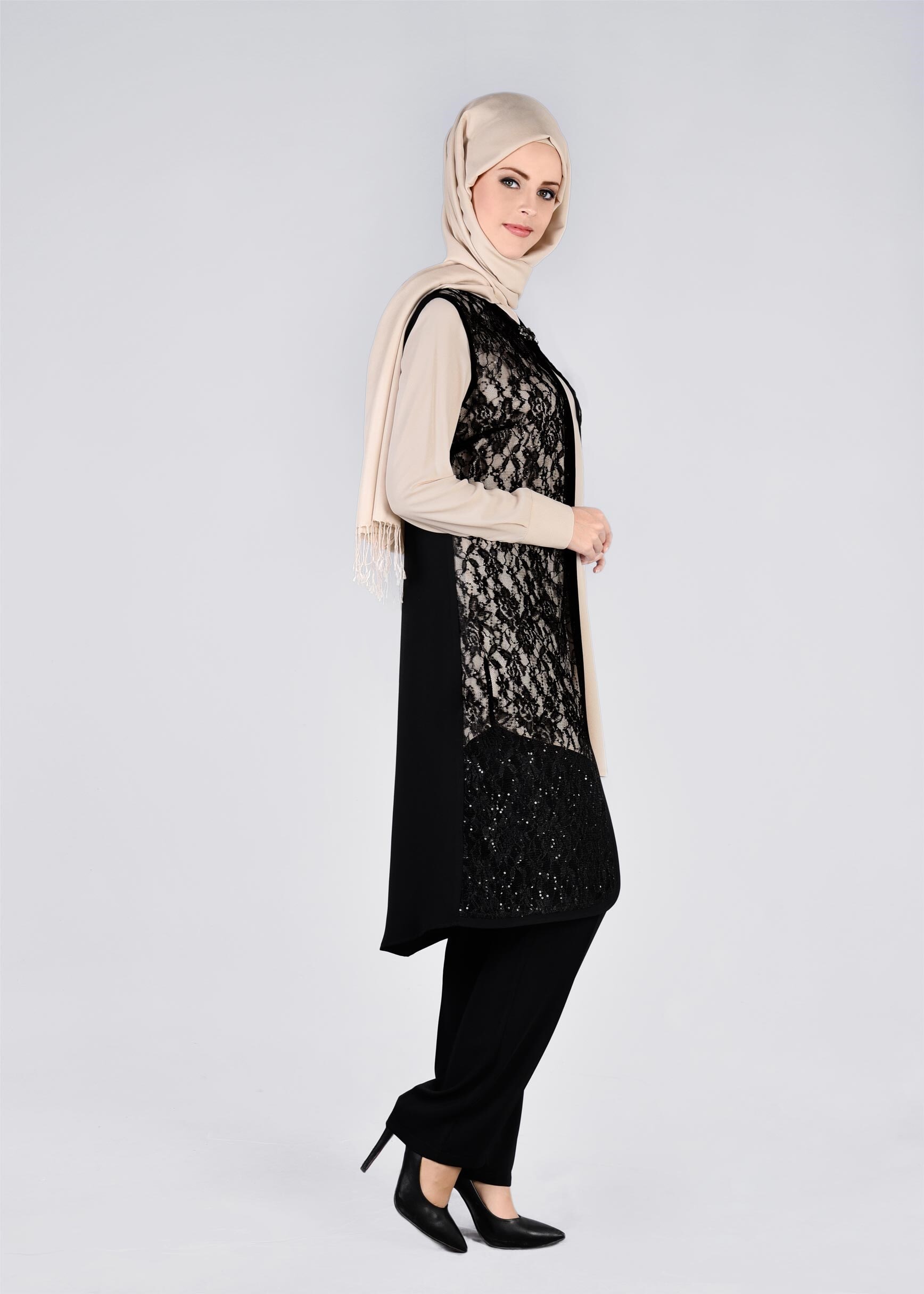 Tesettür giyim SİYAH DANTEL DETAYLI 3&prime;LÜ PANT. TAKIM 3382P 