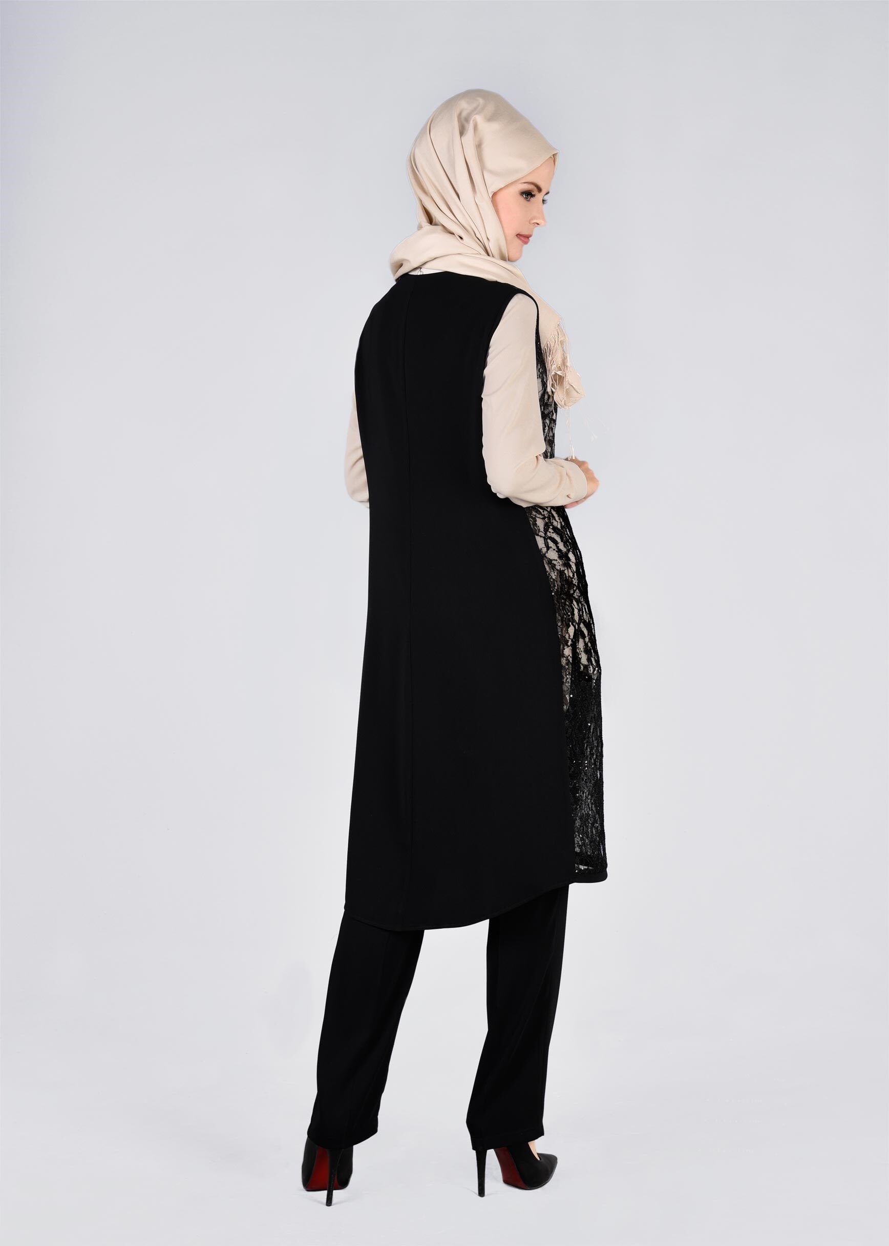 Tesettür giyim SİYAH DANTEL DETAYLI 3&prime;LÜ PANT. TAKIM 3382P 