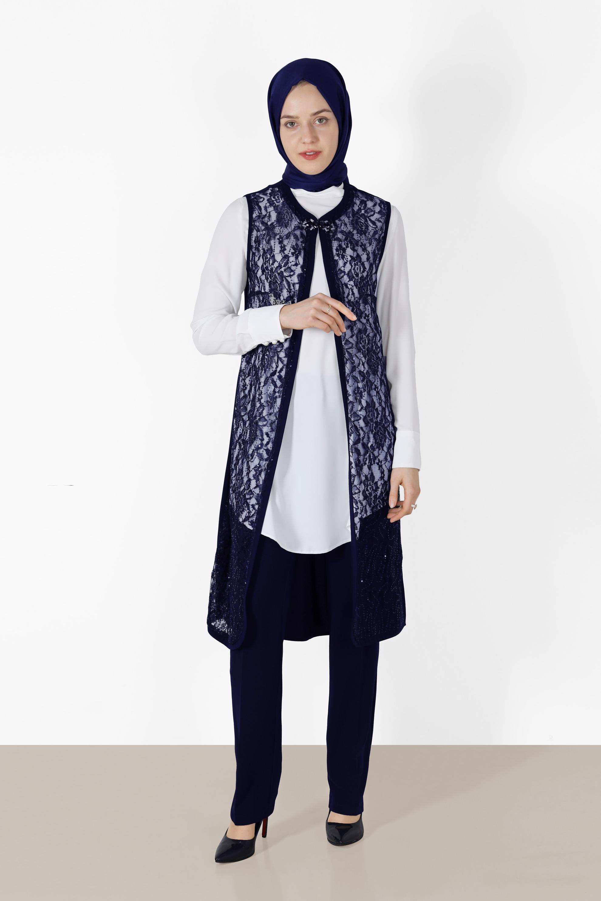 Tesettür giyim LACİVERT DANTEL DETAYLI 3&prime;LÜ PANT. TAKIM 3382P 