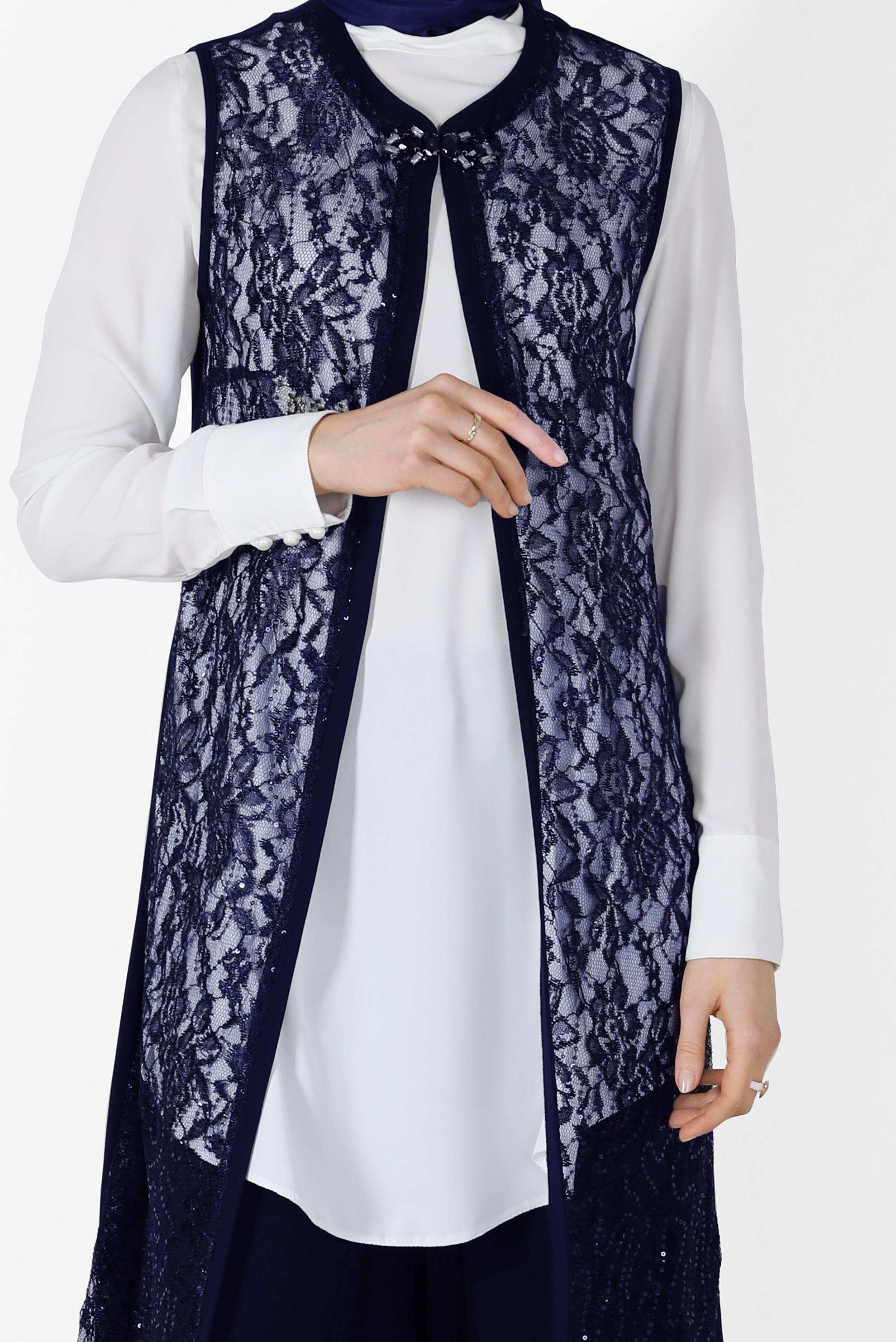 Tesettür giyim LACİVERT DANTEL DETAYLI 3&prime;LÜ PANT. TAKIM 3382P 