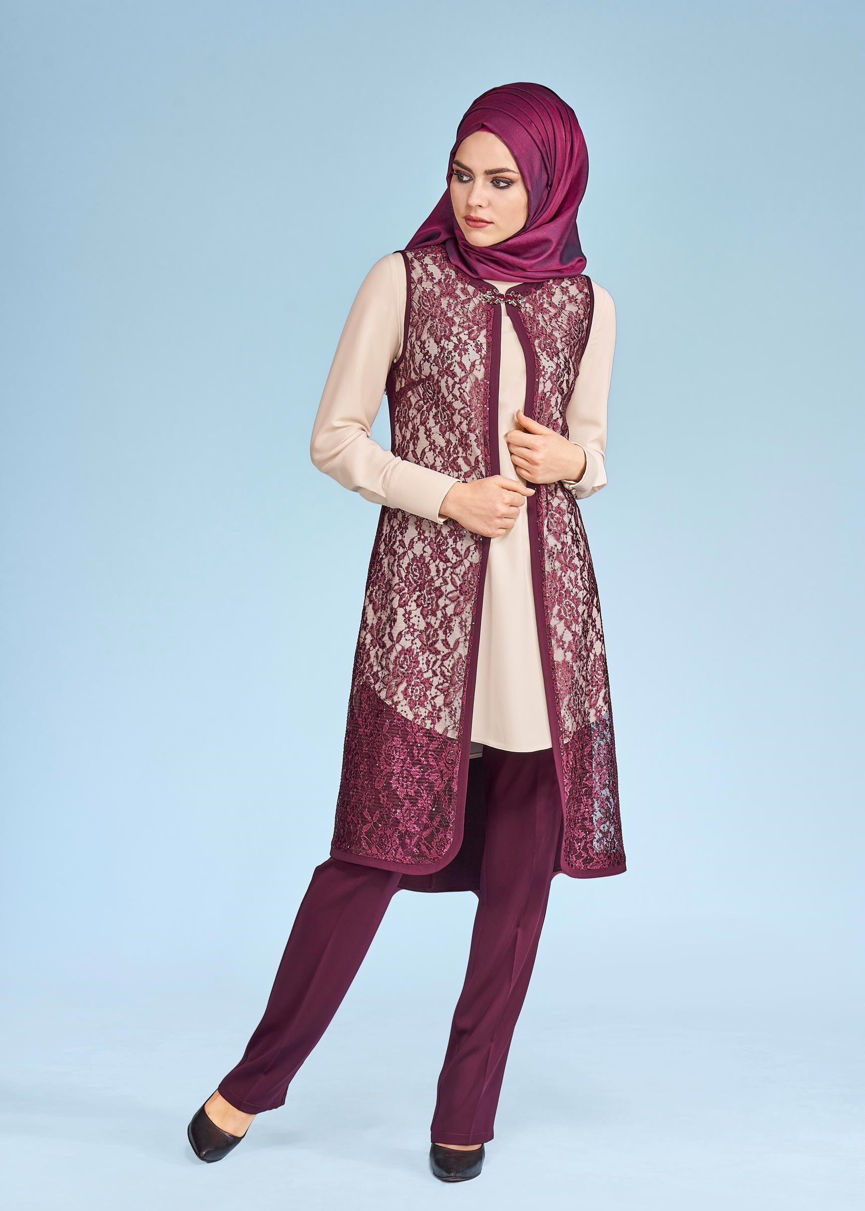 Tesettür giyim MÜRDÜM DANTEL DETAYLI 3&prime;LÜ PANT. TAKIM 3382P 