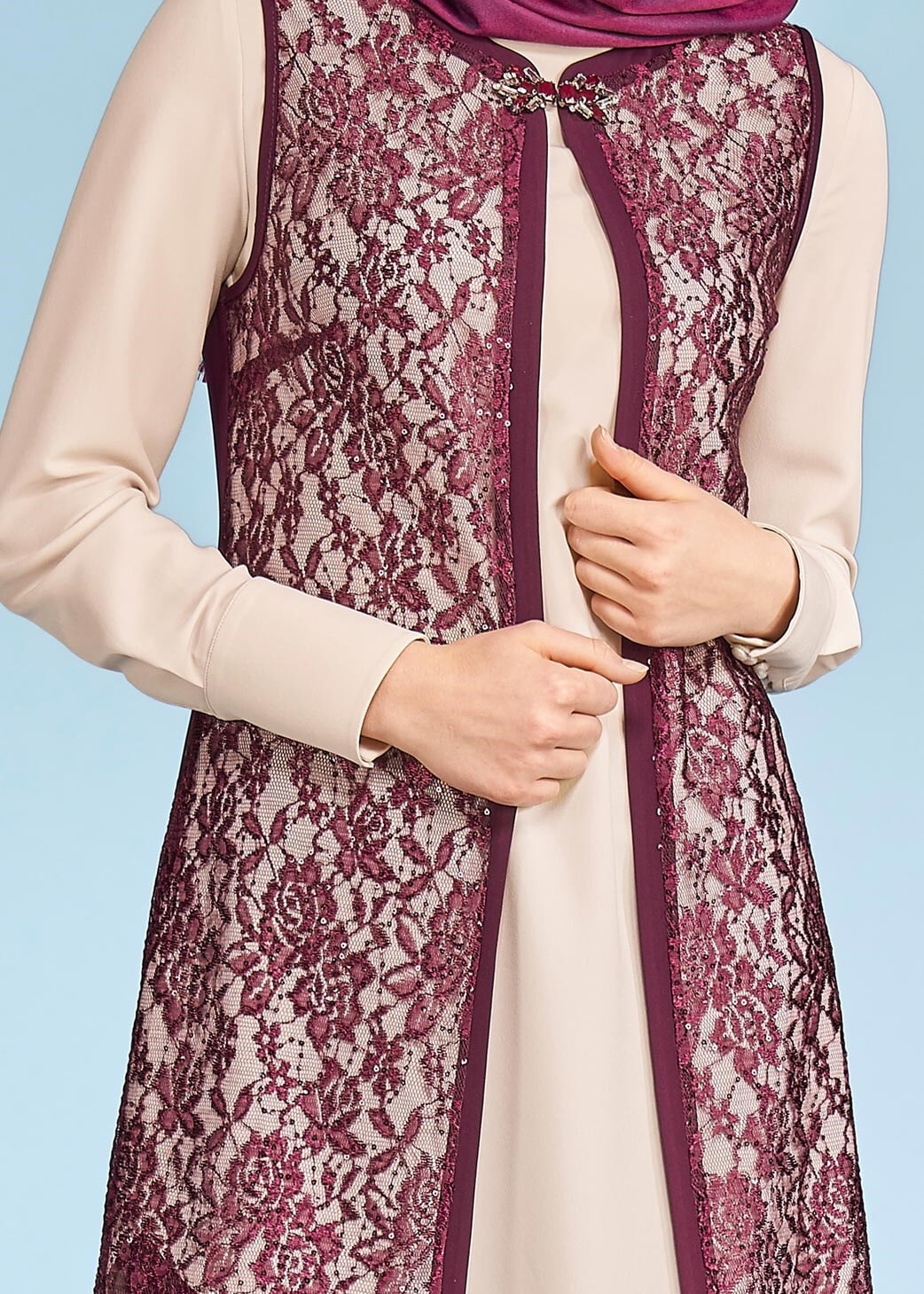 Tesettür giyim MÜRDÜM DANTEL DETAYLI 3&prime;LÜ PANT. TAKIM 3382P 