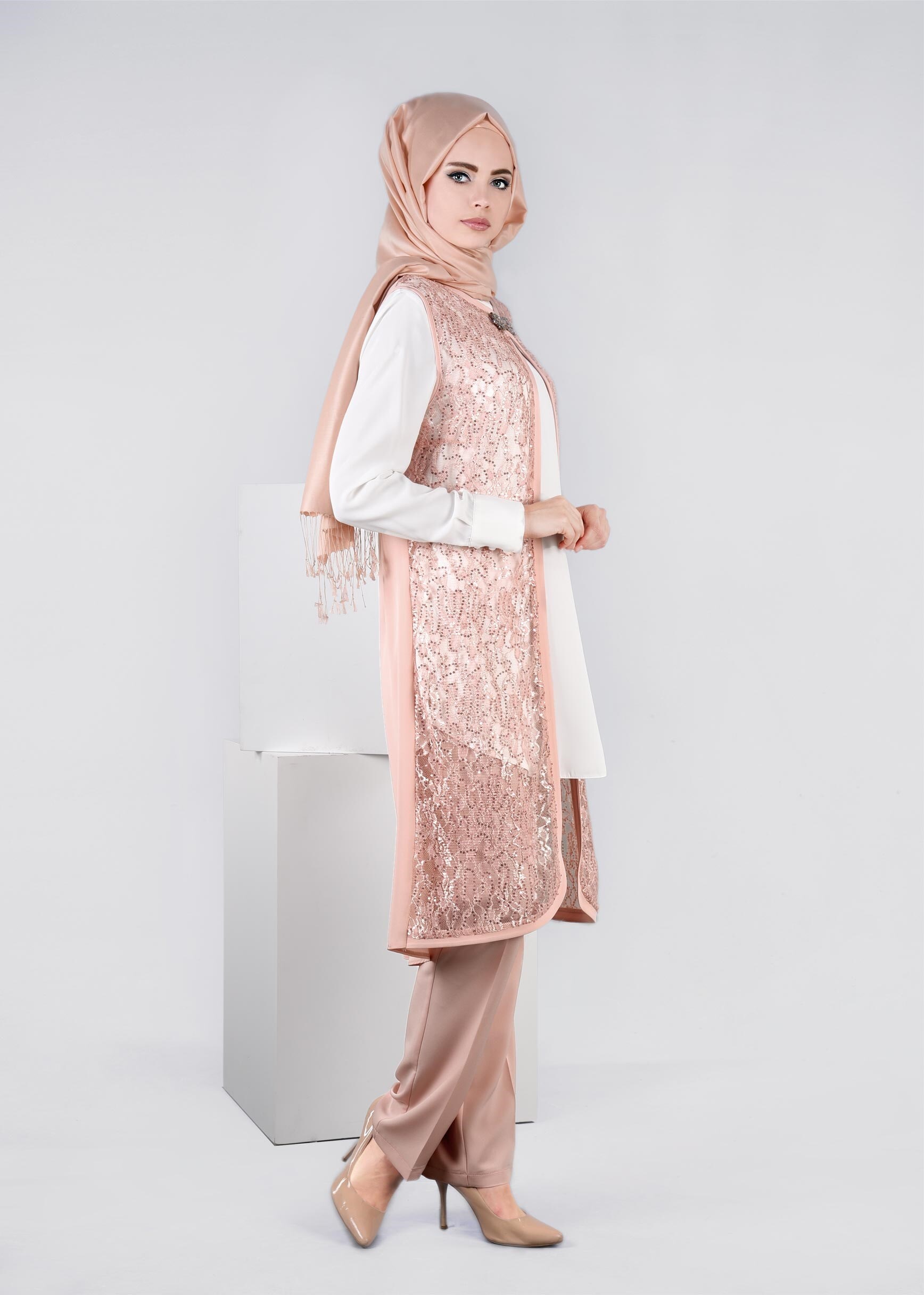 Tesettür giyim PUDRA DANTEL DETAYLI 3&prime;LÜ PANT. TAKIM 3382P 