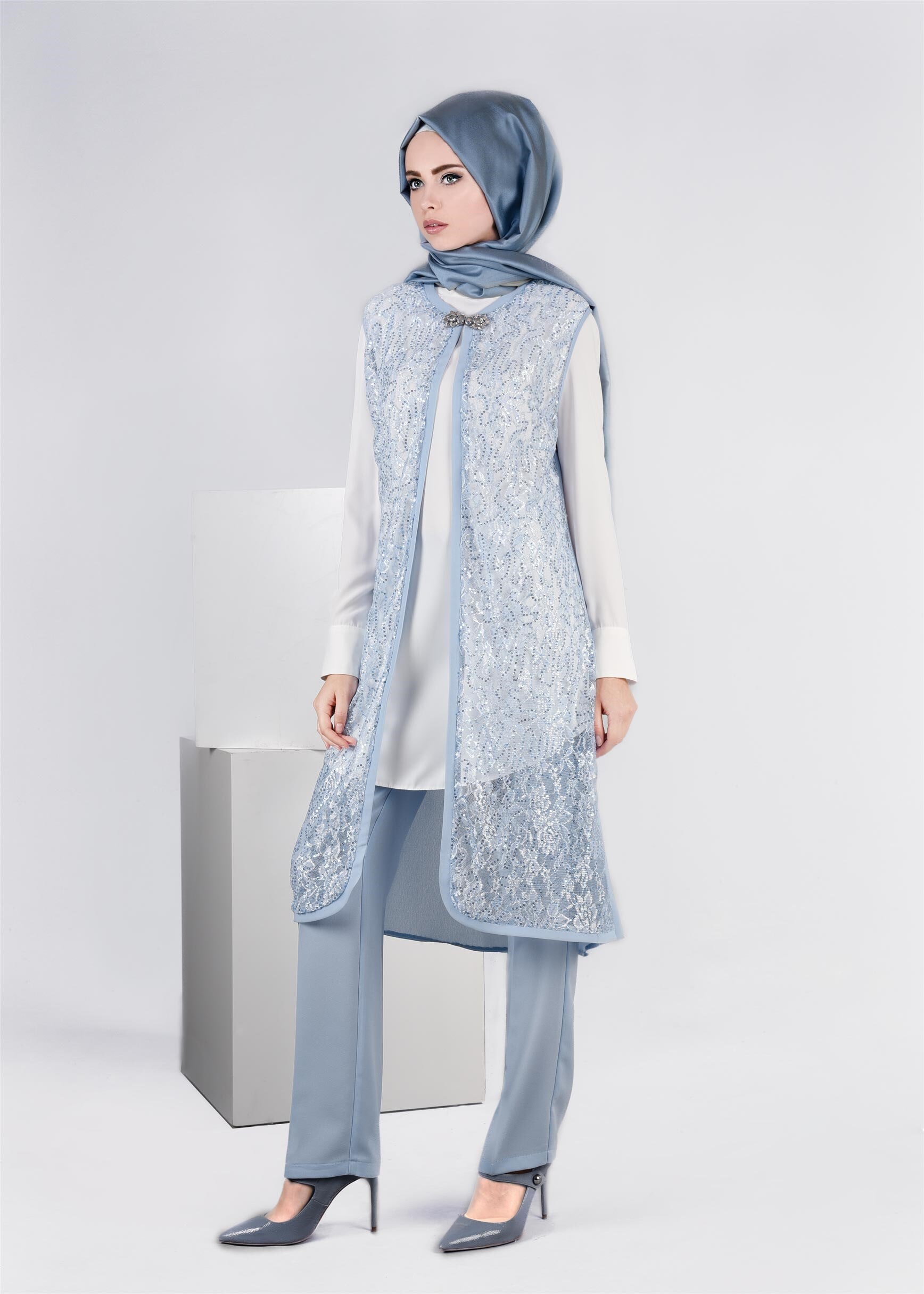 Tesettür giyim MAVİ DANTEL DETAYLI 3&prime;LÜ PANT. TAKIM 3382P 