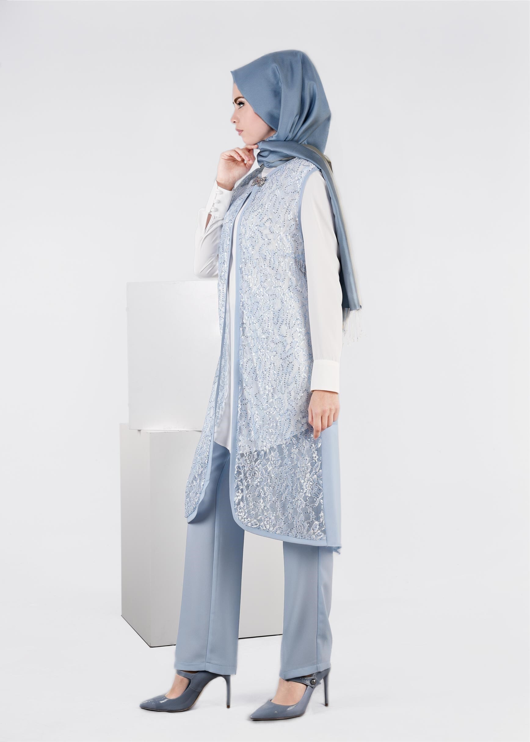 Tesettür giyim MAVİ DANTEL DETAYLI 3&prime;LÜ PANT. TAKIM 3382P 