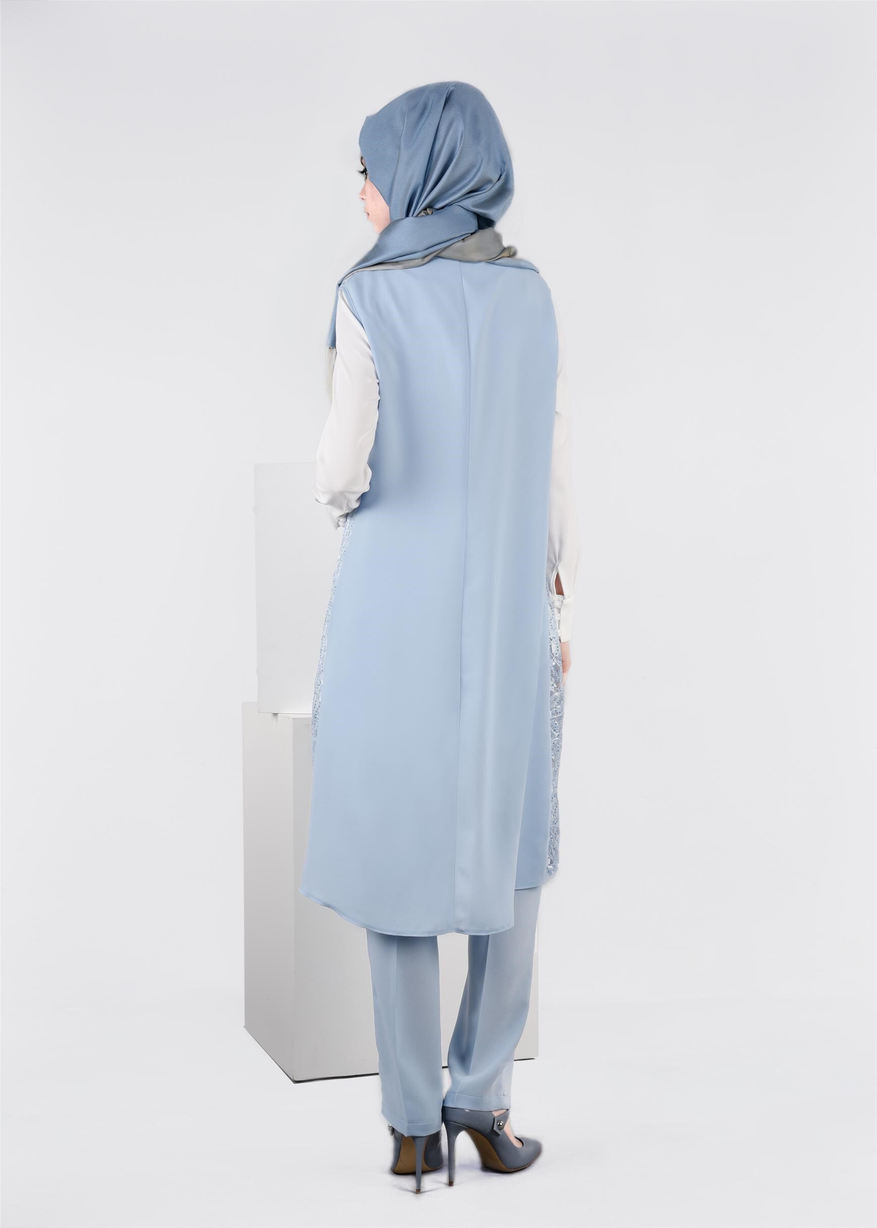 Tesettür giyim MAVİ DANTEL DETAYLI 3&prime;LÜ PANT. TAKIM 3382P 