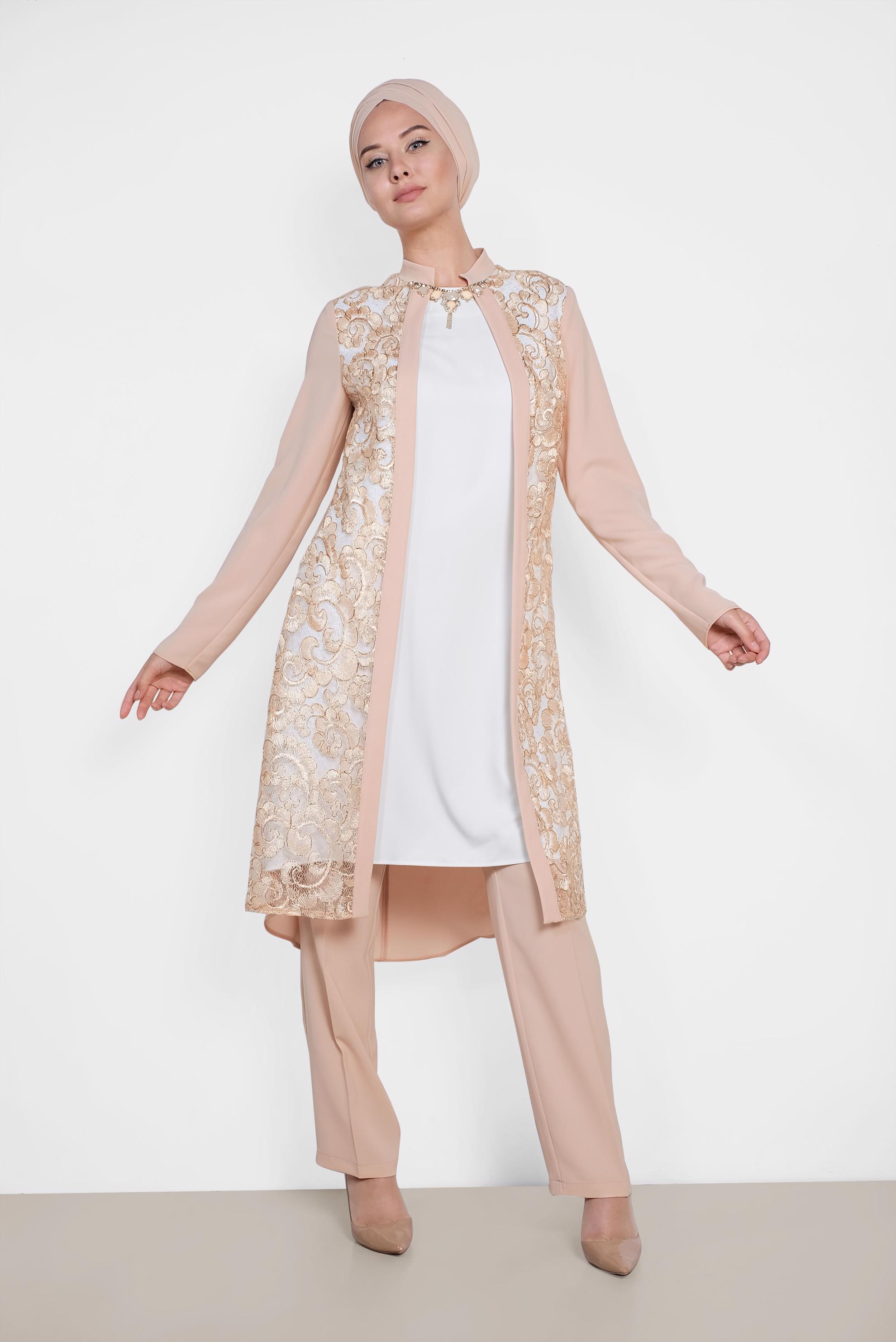 Tesettür giyim PUDRA HAKİM YAKA KENDİNDEN KOLYELİ 2&prime;Lİ PANTOLONLU TAKIM 3393 