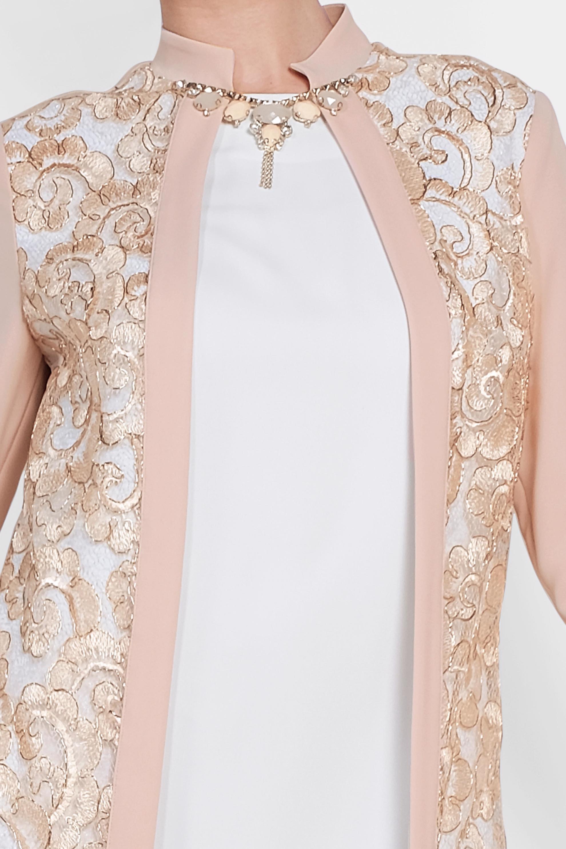 Tesettür giyim PUDRA HAKİM YAKA KENDİNDEN KOLYELİ 2&prime;Lİ PANTOLONLU TAKIM 3393 