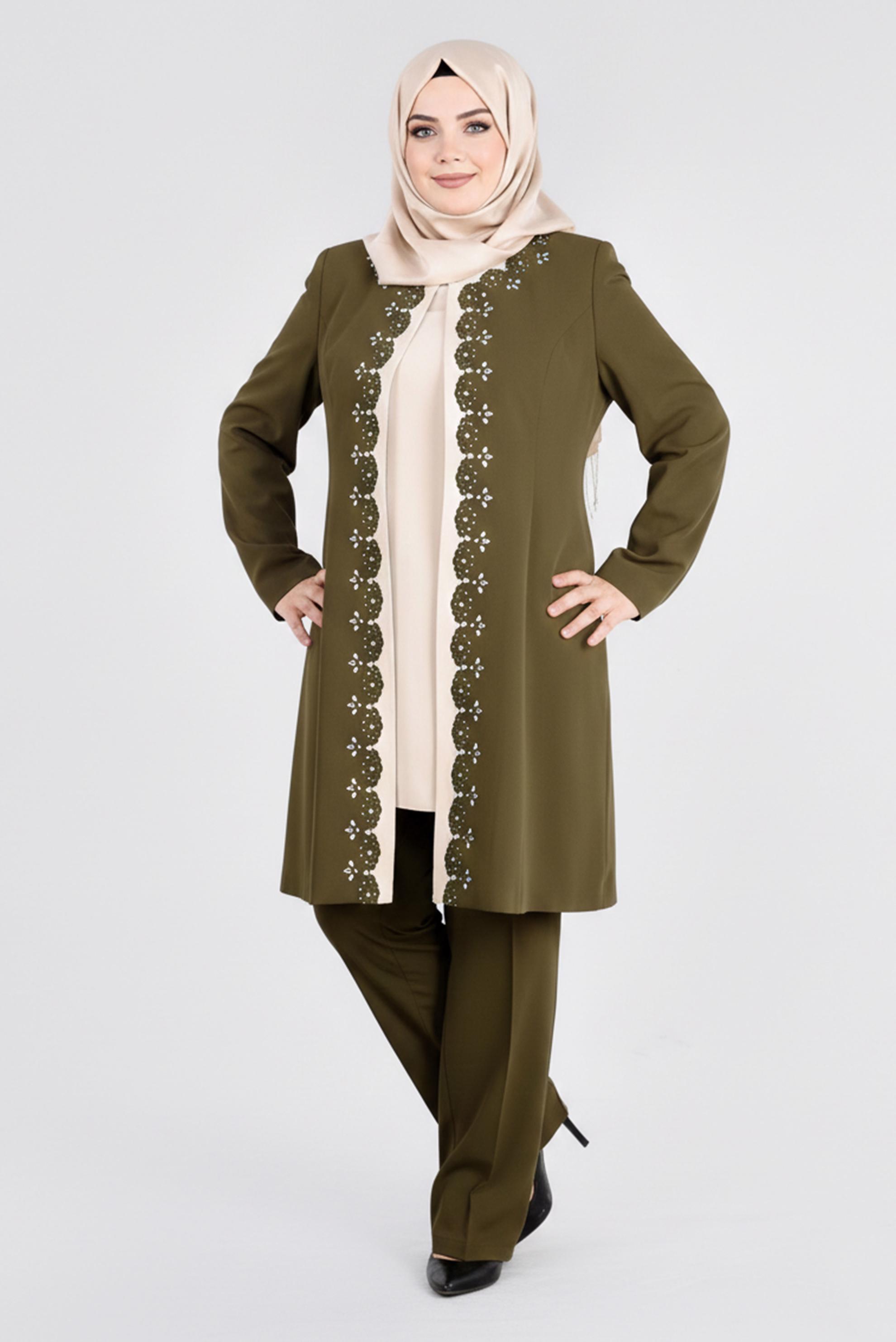 Tesettür giyim HAKİ ÜÇLÜ PANTOLONLU TAKIM 3400