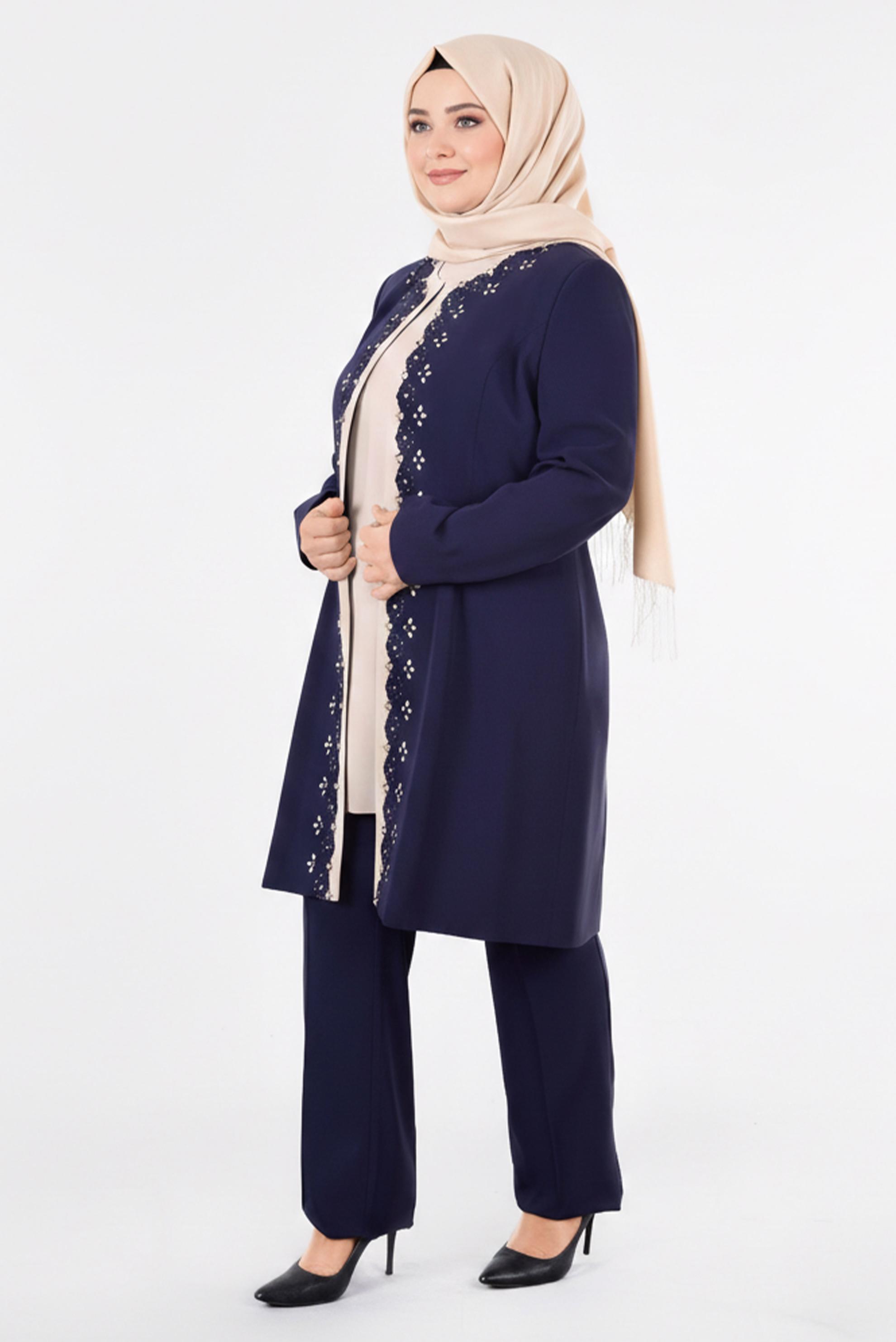 Tesettür giyim LACİVERT ÜÇLÜ PANTOLONLU TAKIM 3400
