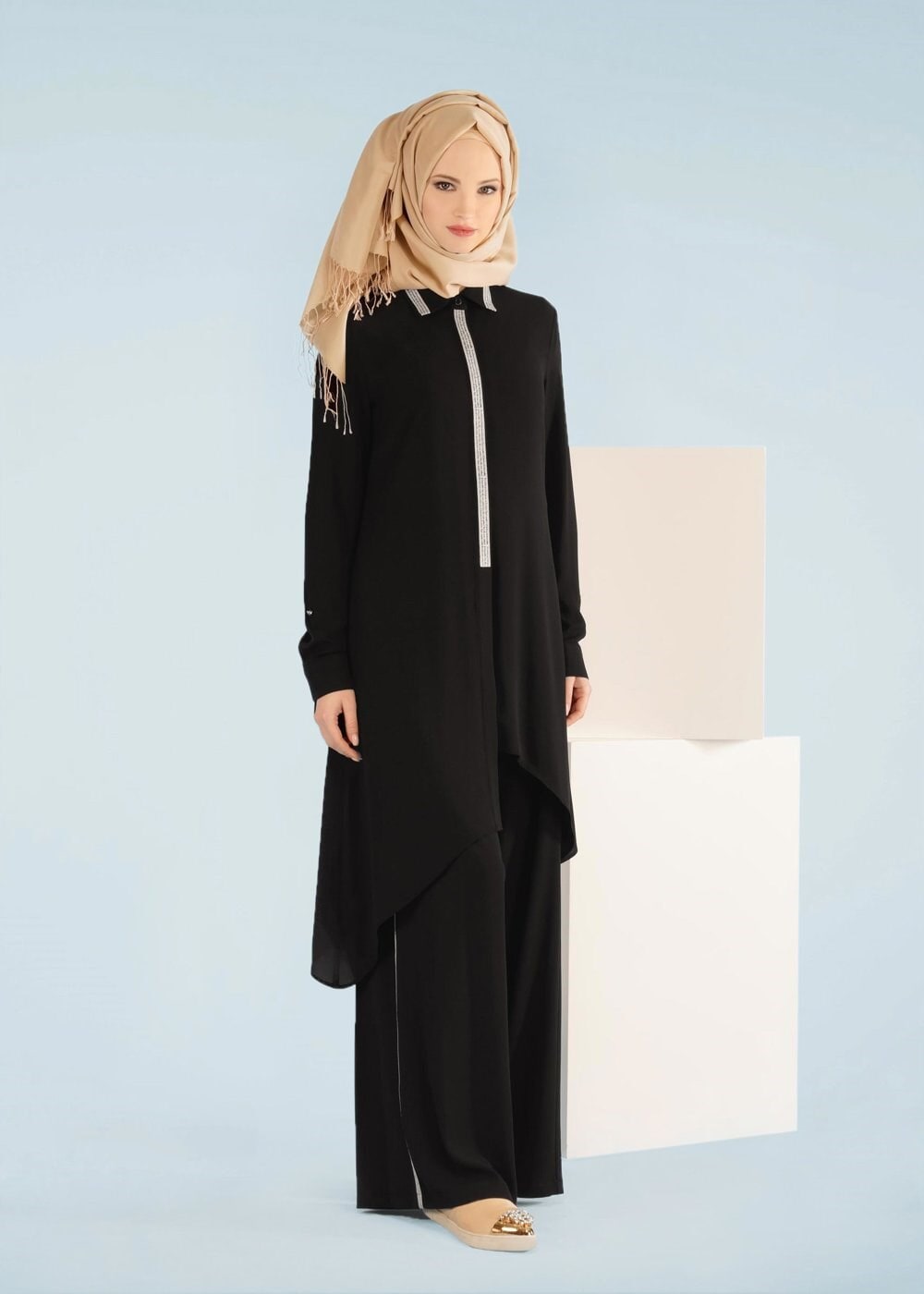 Tesettür giyim SİYAH 4107 NİŞANTAŞI 2&prime;Lİ PANT.TAKIM 38/46 TEK42