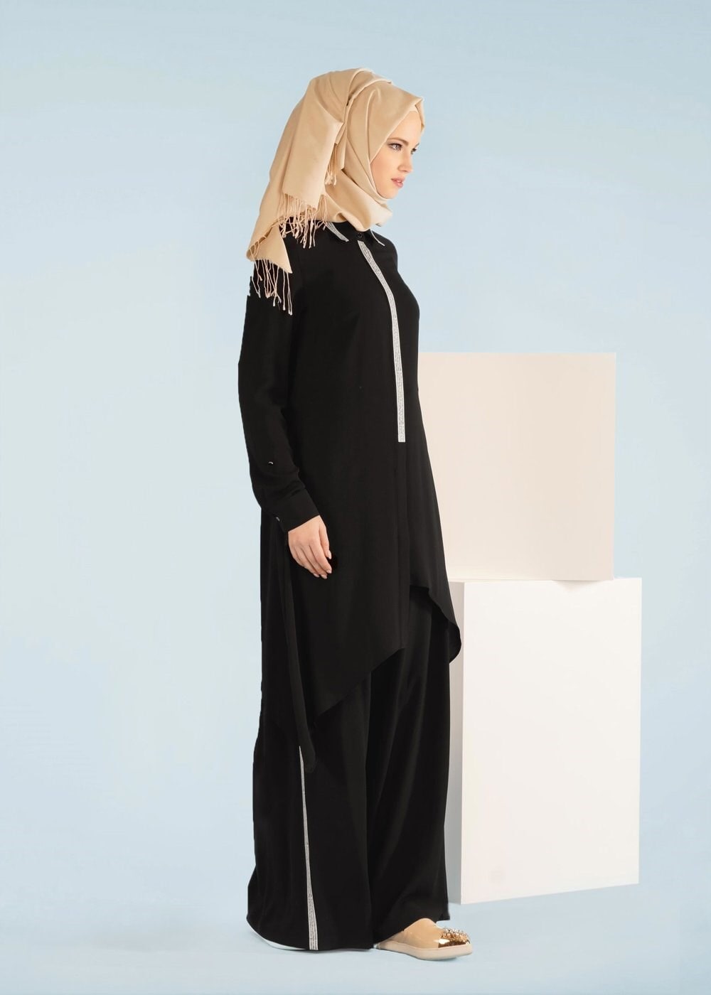 Tesettür giyim SİYAH 4107 NİŞANTAŞI 2&prime;Lİ PANT.TAKIM 38/46 TEK42