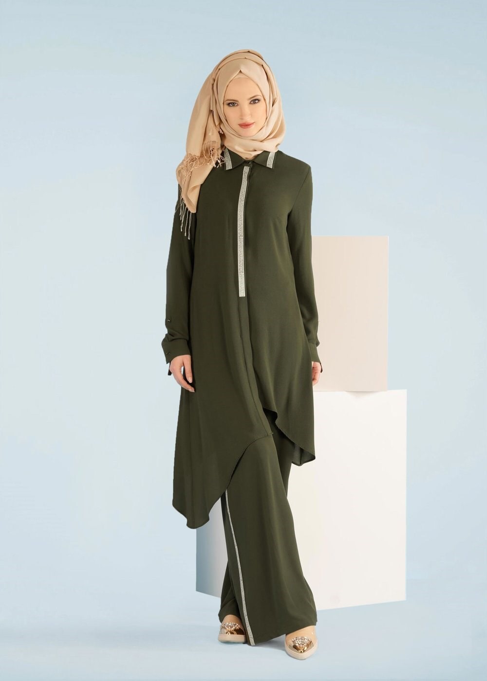 Tesettür giyim HAKİ 4107 NİŞANTAŞI 2&prime;Lİ PANT.TAKIM 38/46 TEK42