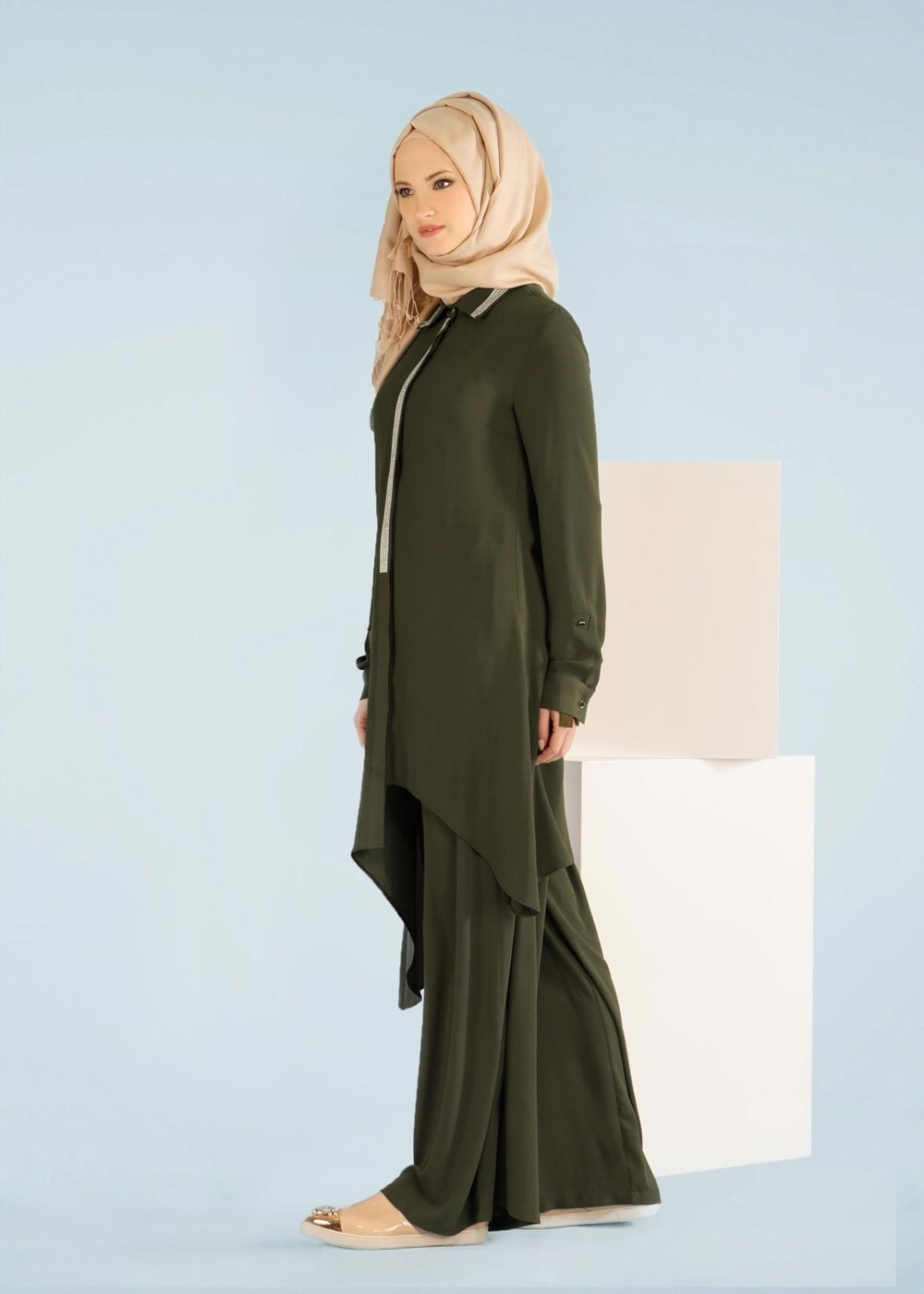 Tesettür giyim HAKİ 4107 NİŞANTAŞI 2&prime;Lİ PANT.TAKIM 38/46 TEK42