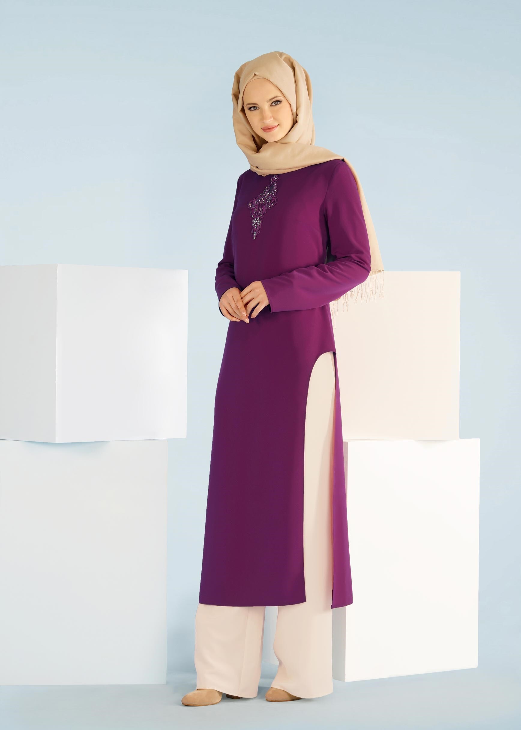 Tesettür giyim FUŞYA PANTOLONLU KREP TAKIM 3361P