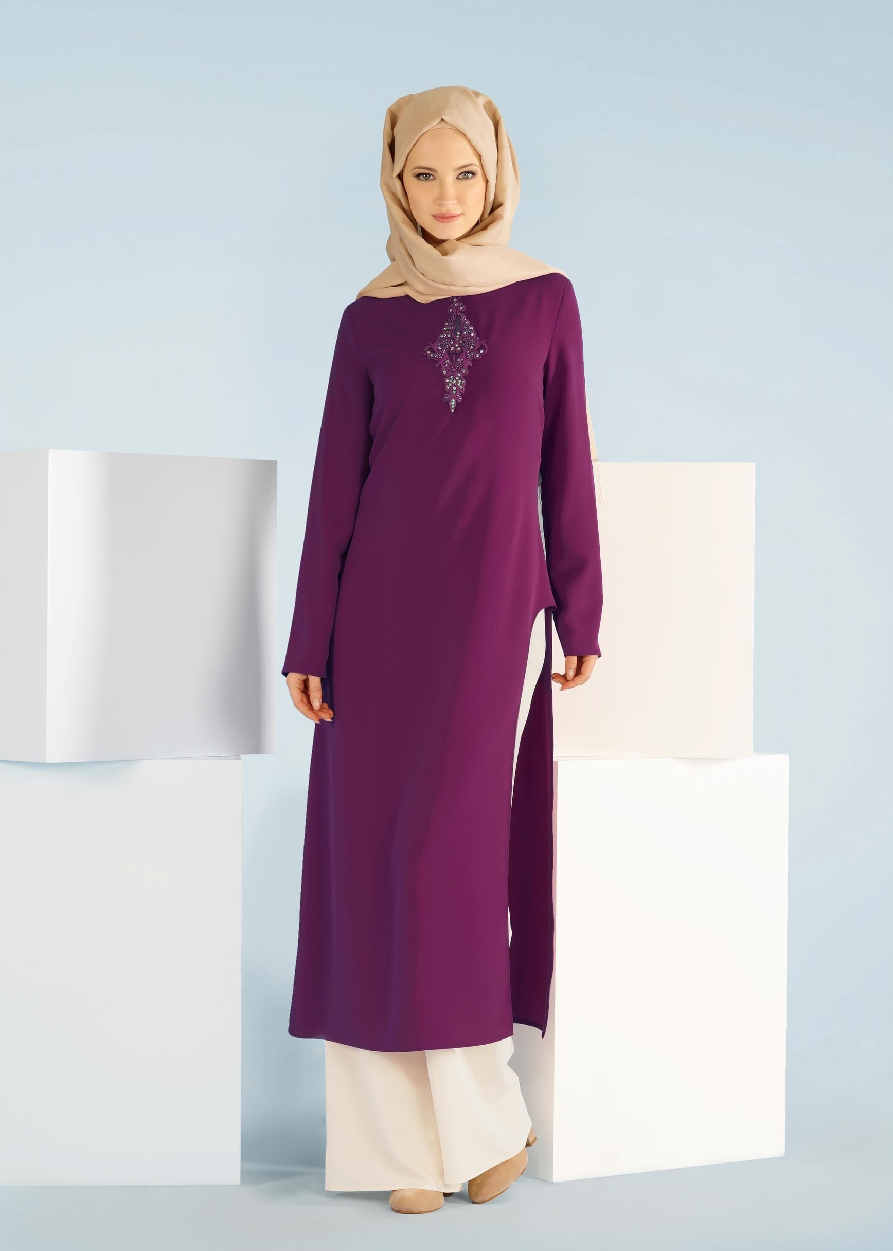 Tesettür giyim FUŞYA PANTOLONLU KREP TAKIM 3361P