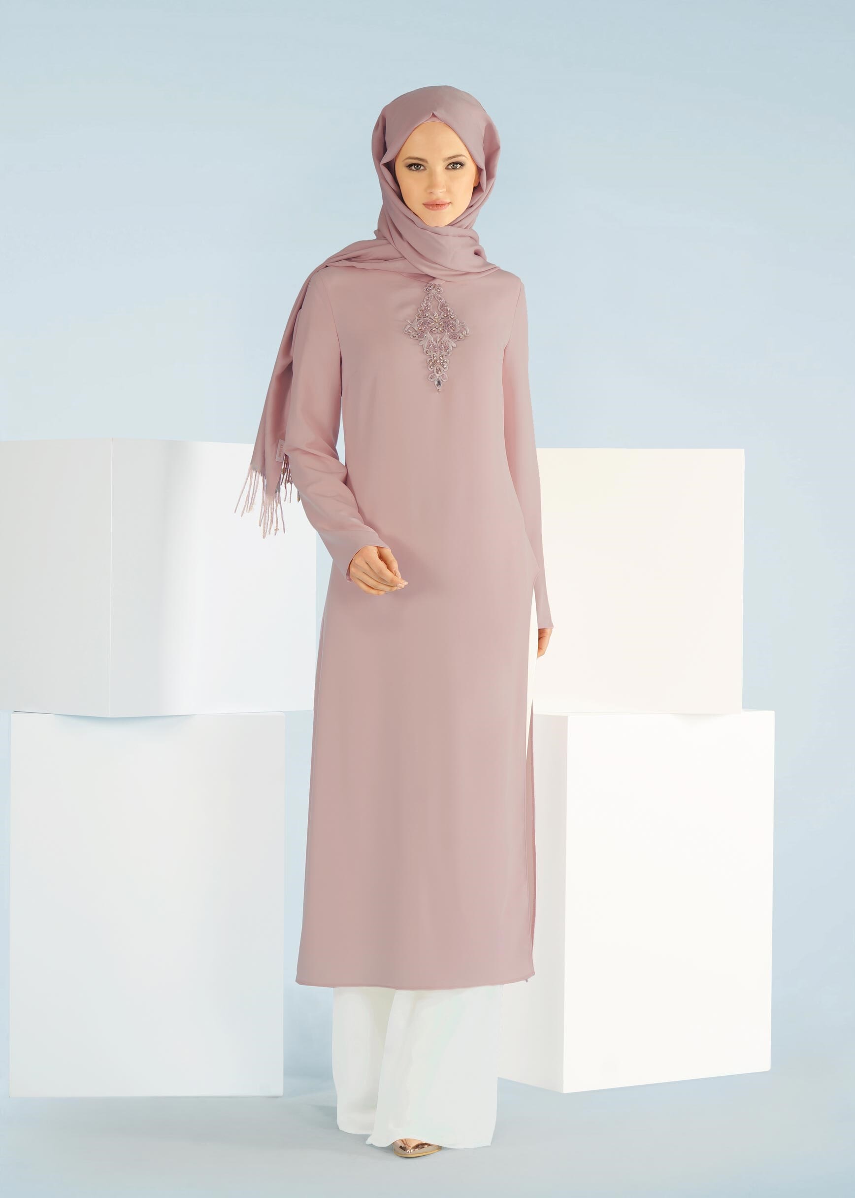 Tesettür giyim PUDRA PANTOLONLU KREP TAKIM 3361P