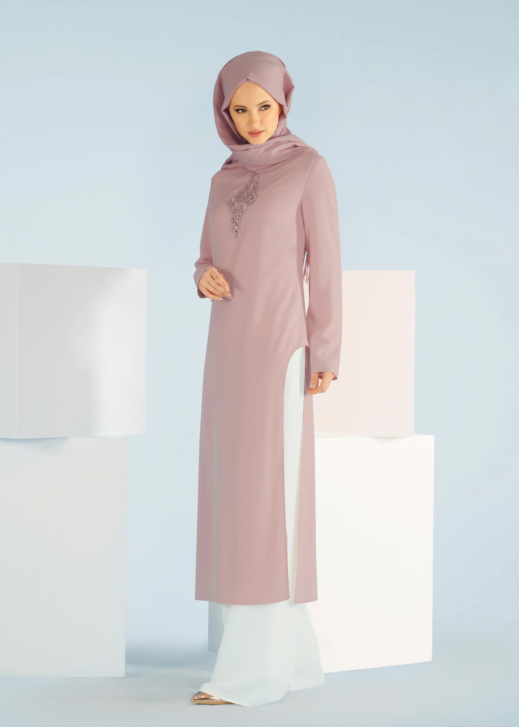 Tesettür giyim PUDRA PANTOLONLU KREP TAKIM 3361P