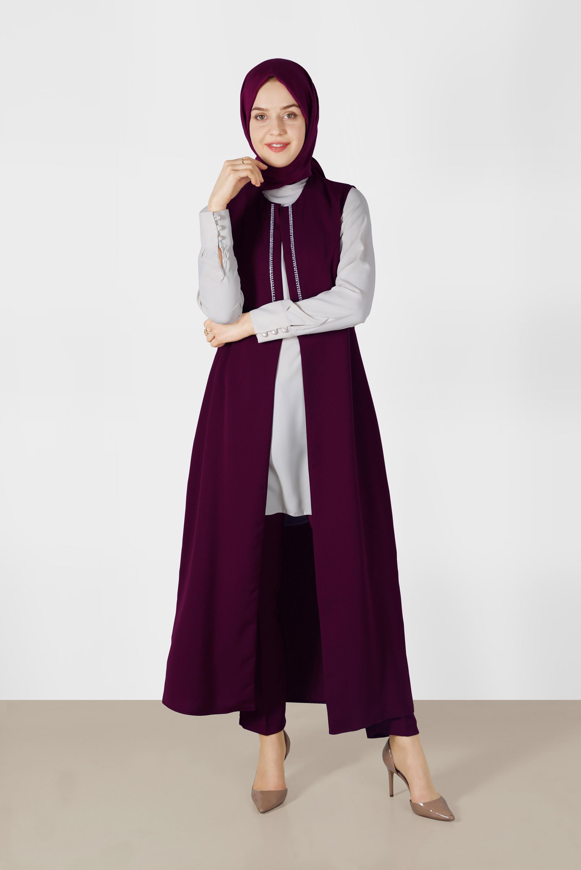 Tesettür giyim MÜRDÜM TAŞ DETAYLI ÜÇLÜ PANTOLONLU TAKIM 3362-1 