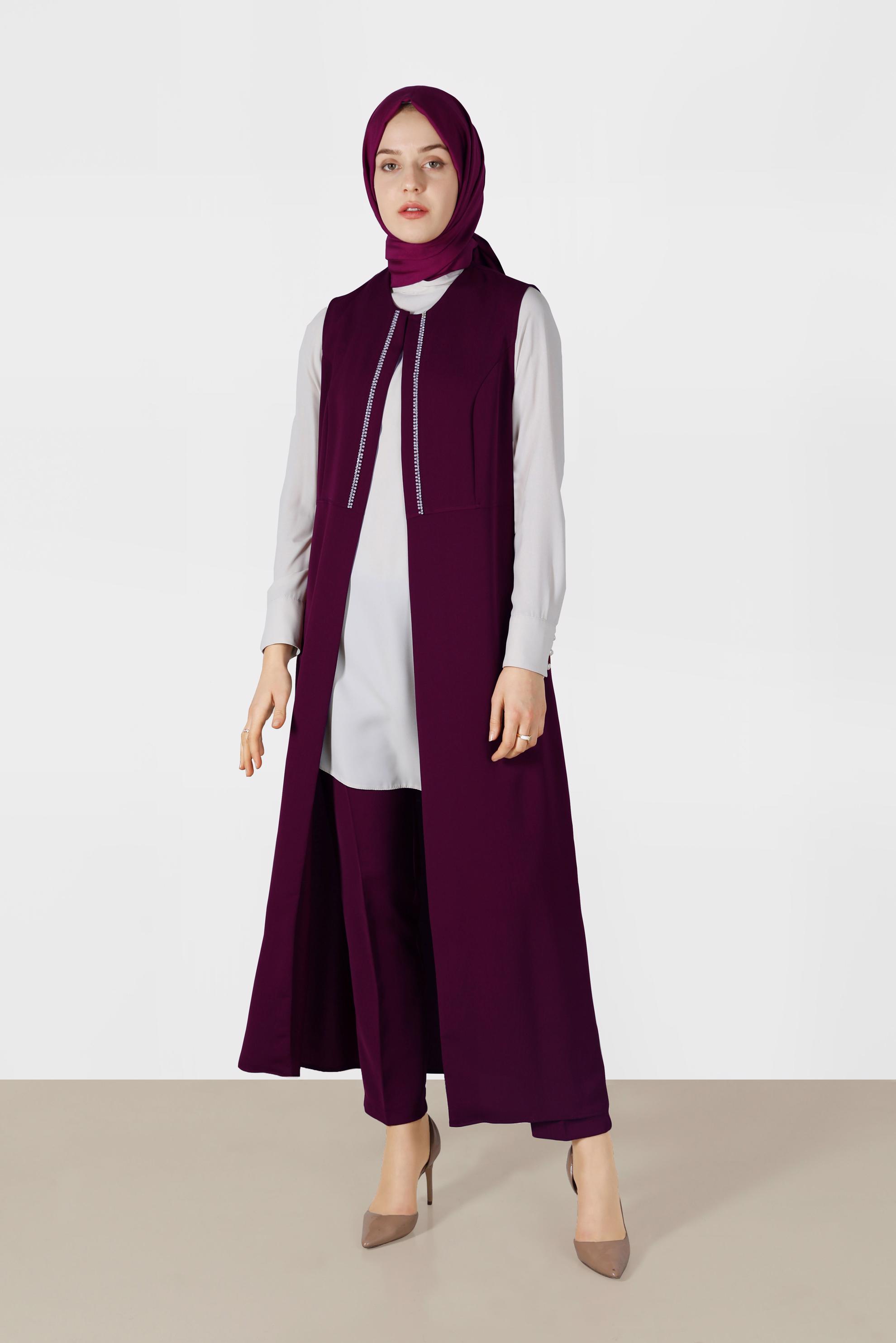 Tesettür giyim MÜRDÜM TAŞ DETAYLI ÜÇLÜ PANTOLONLU TAKIM 3362-1 