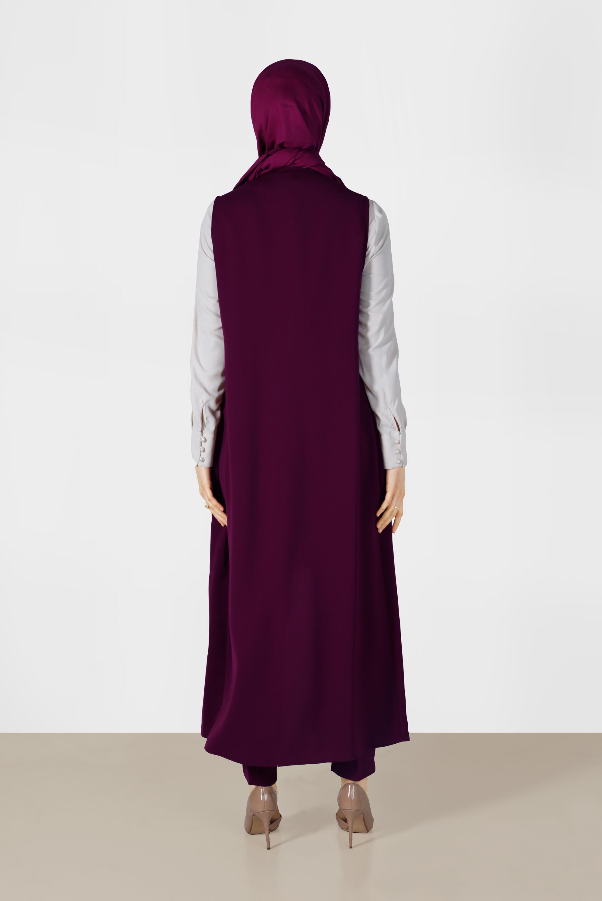 Tesettür giyim MÜRDÜM TAŞ DETAYLI ÜÇLÜ PANTOLONLU TAKIM 3362-1 