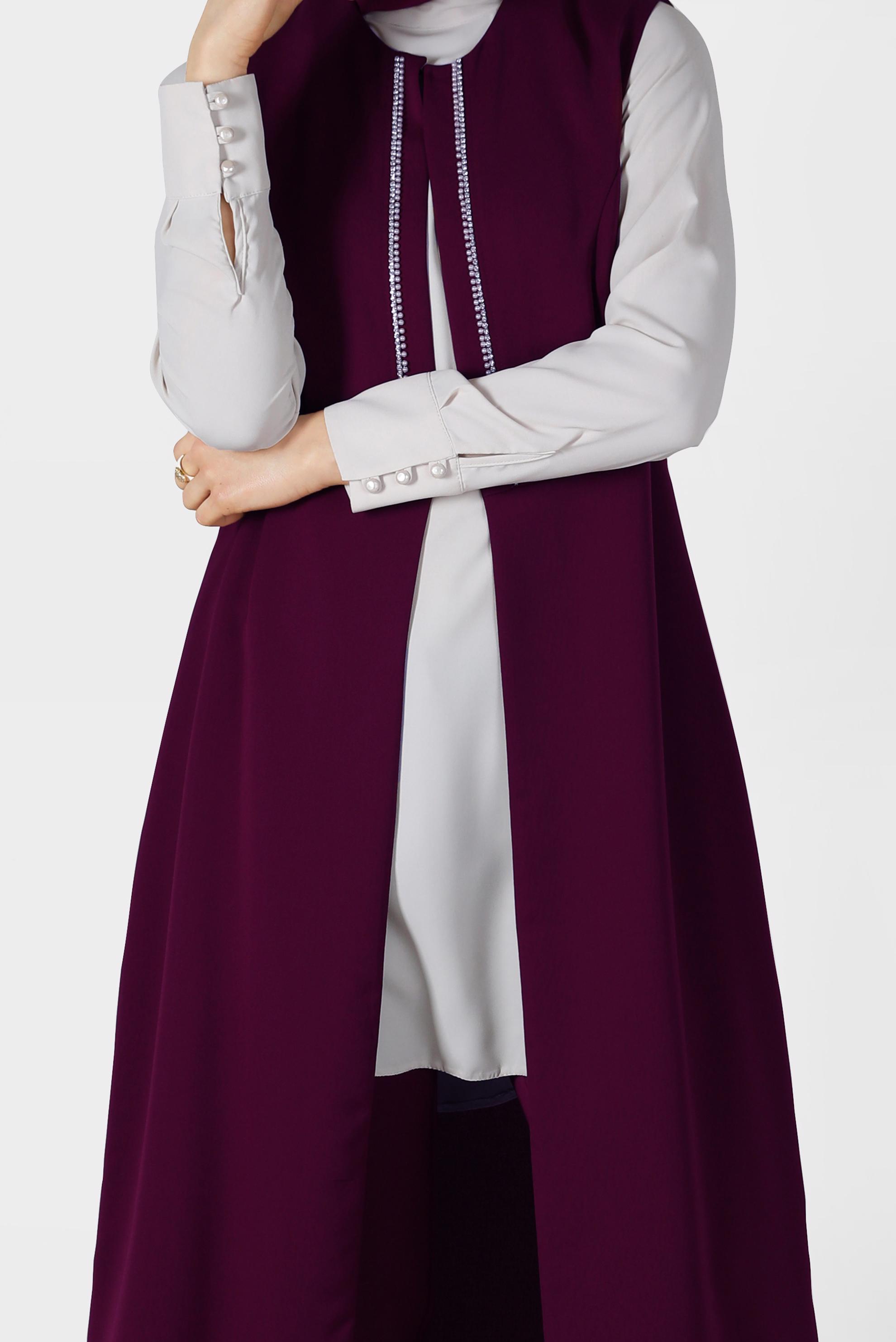 Tesettür giyim MÜRDÜM TAŞ DETAYLI ÜÇLÜ PANTOLONLU TAKIM 3362-1 