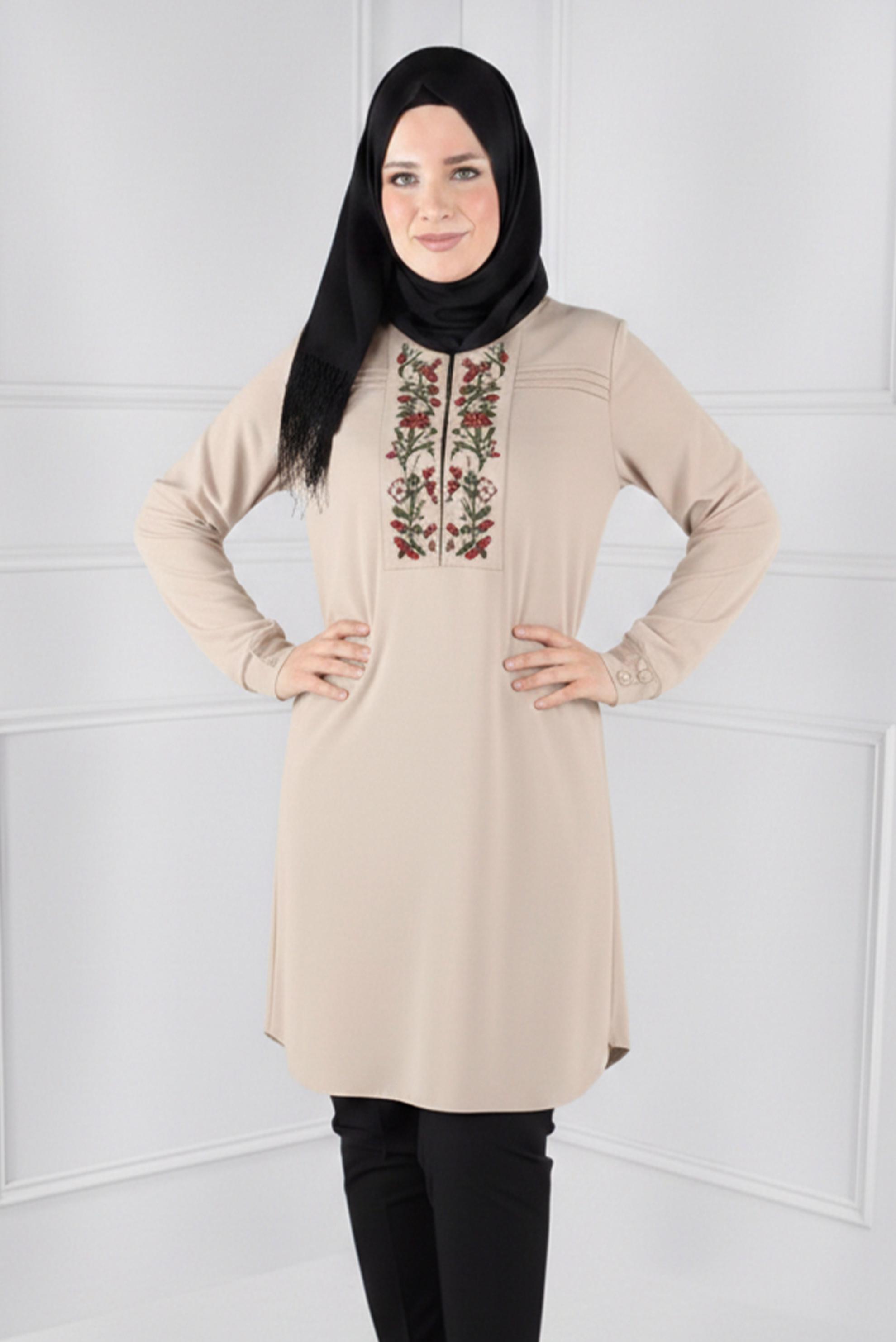 Tesettür giyim BEJ ÇİÇEK DESENLİ TUNİK 2681