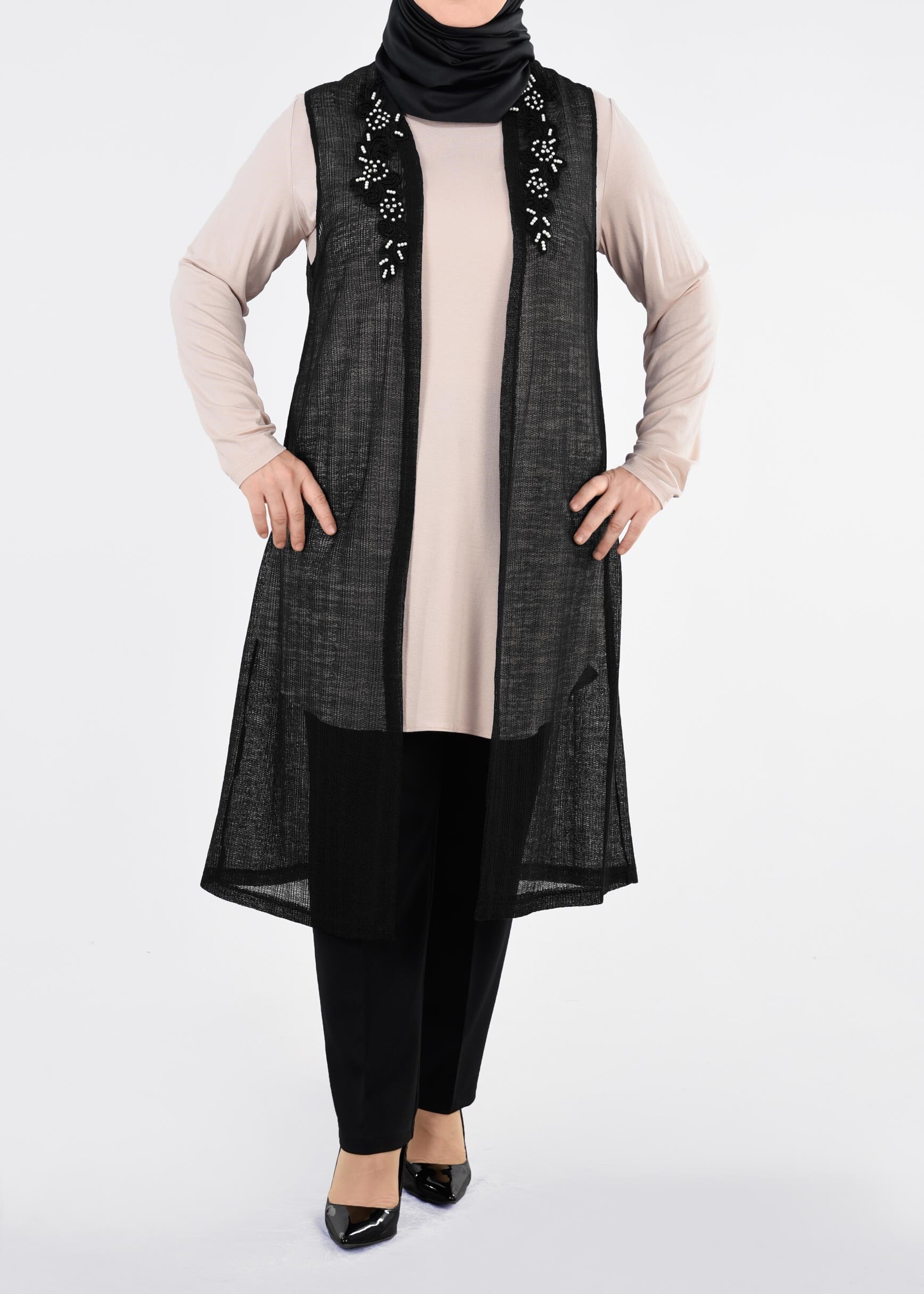 Tesettür giyim SİYAH 2689 ÇİZGİLİ DANTEL 2&prime;Lİ TUNİK 44/50 TEK46