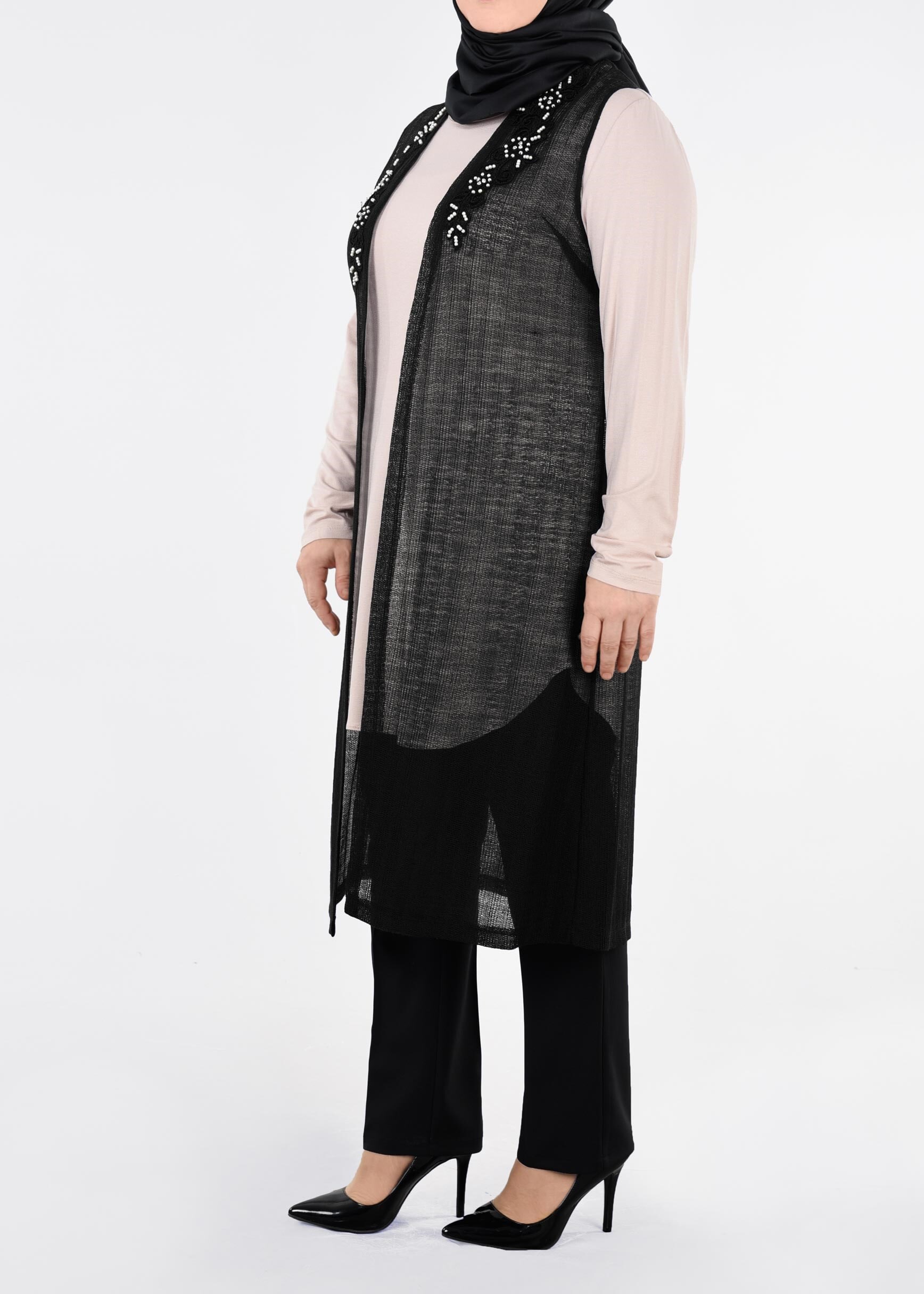 Tesettür giyim SİYAH 2689 ÇİZGİLİ DANTEL 2&prime;Lİ TUNİK 44/50 TEK46