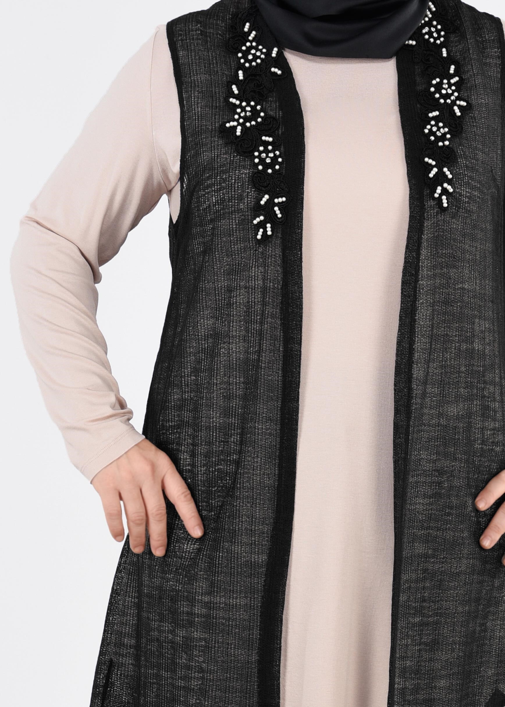 Tesettür giyim SİYAH 2689 ÇİZGİLİ DANTEL 2&prime;Lİ TUNİK 44/50 TEK46