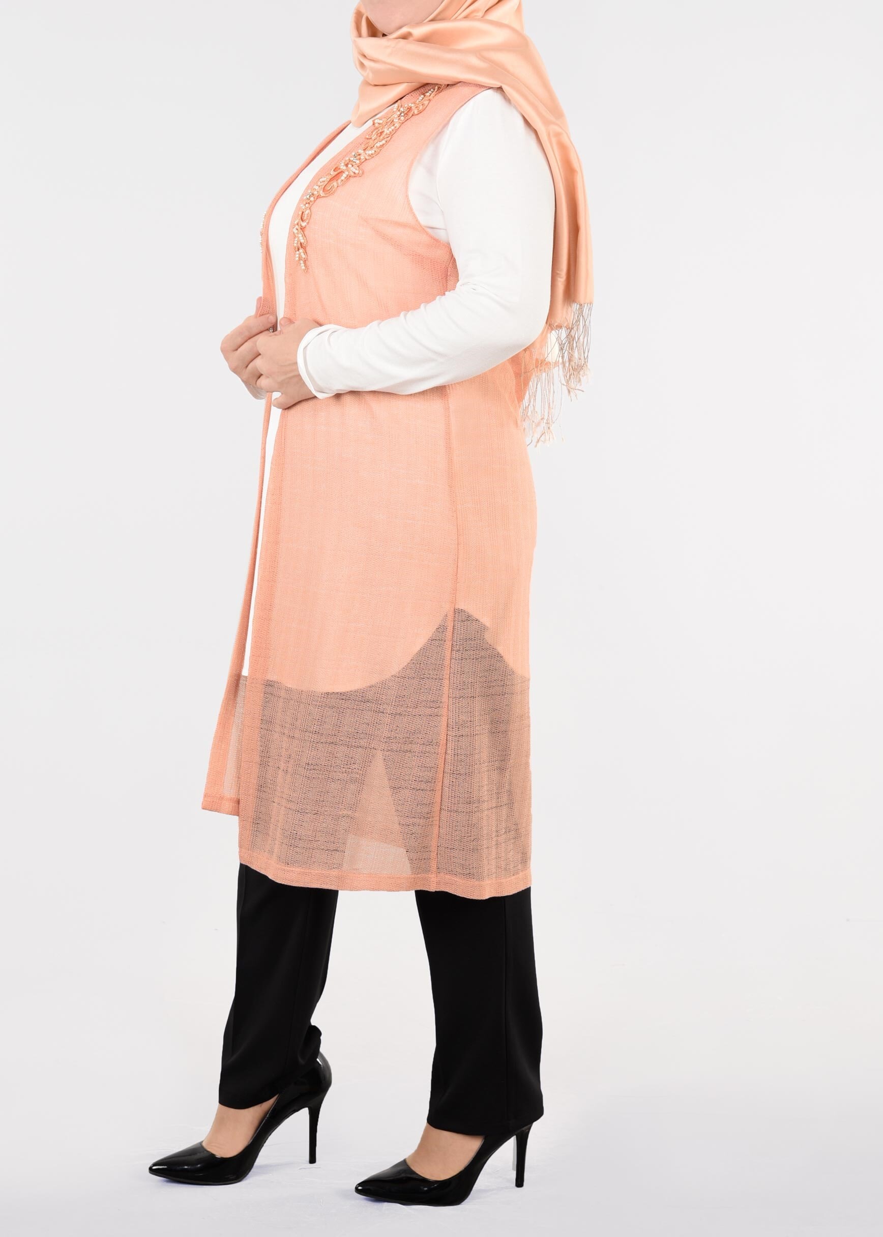 Tesettür giyim PUDRA 2689 ÇİZGİLİ DANTEL 2&prime;Lİ TUNİK 44/50 TEK46