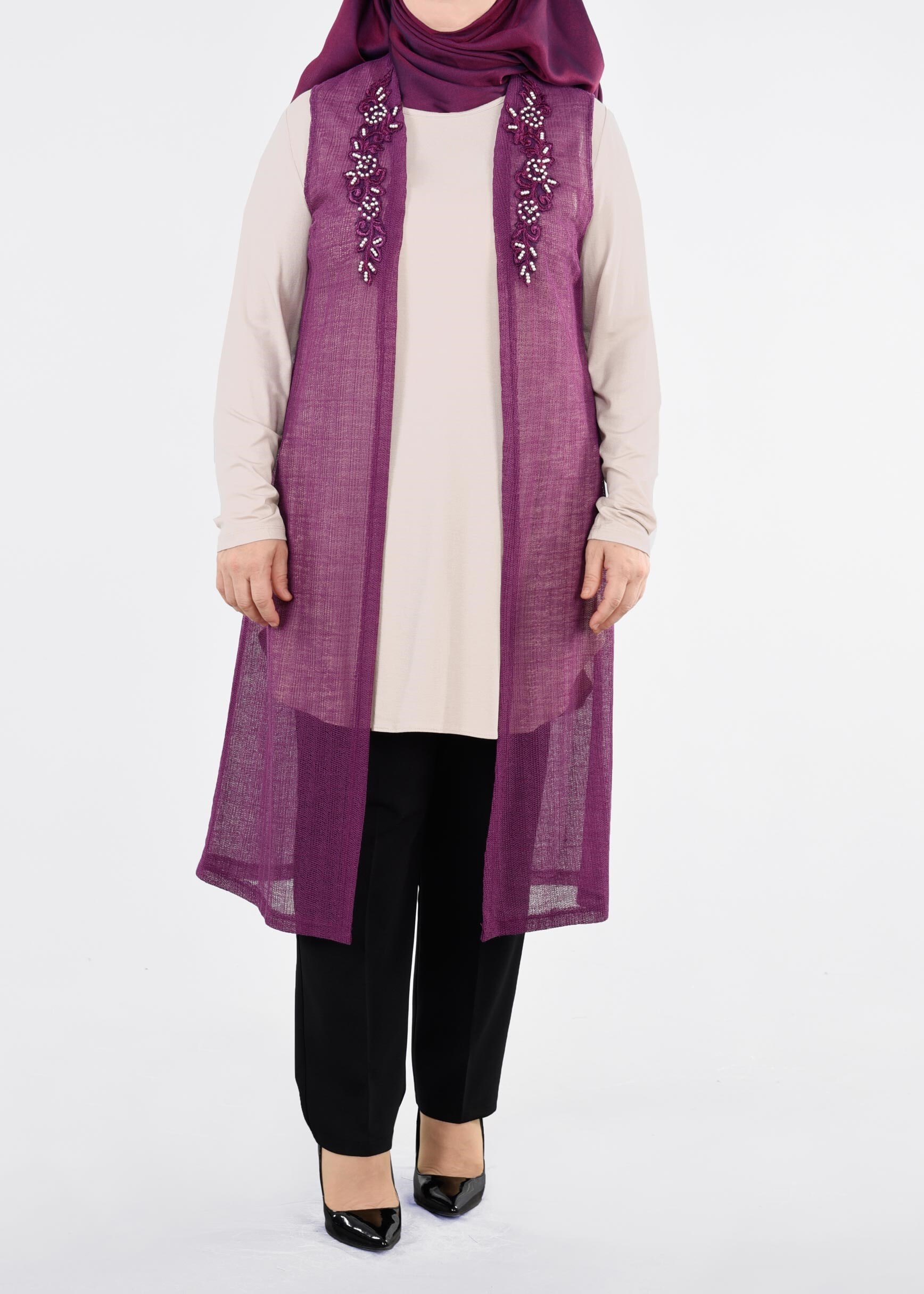 Tesettür giyim MOR 2689 ÇİZGİLİ DANTEL 2&prime;Lİ TUNİK 44/50 TEK46