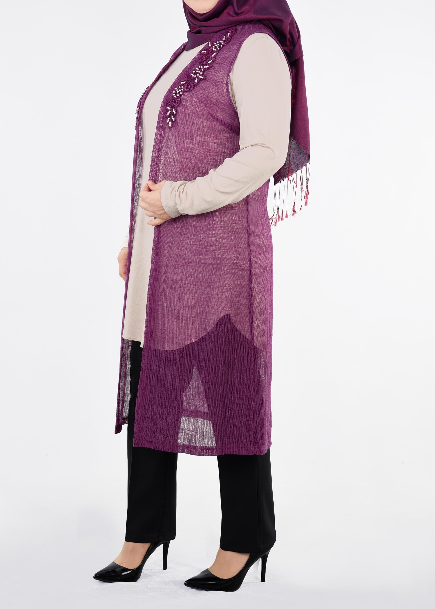 Tesettür giyim MOR 2689 ÇİZGİLİ DANTEL 2&prime;Lİ TUNİK 44/50 TEK46