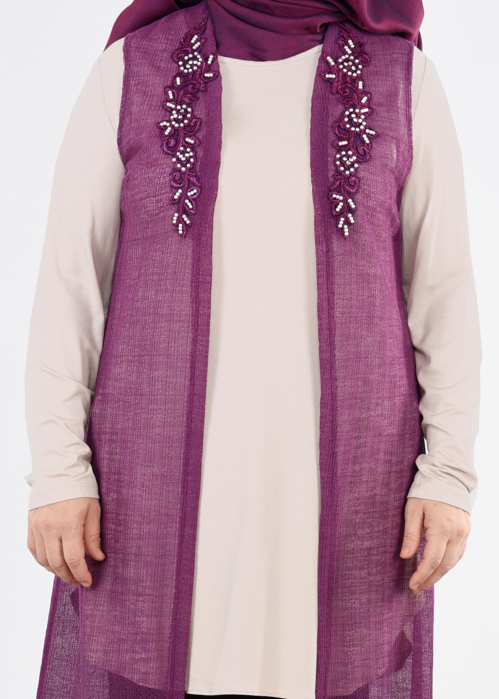 Tesettür giyim MOR 2689 ÇİZGİLİ DANTEL 2&prime;Lİ TUNİK 44/50 TEK46