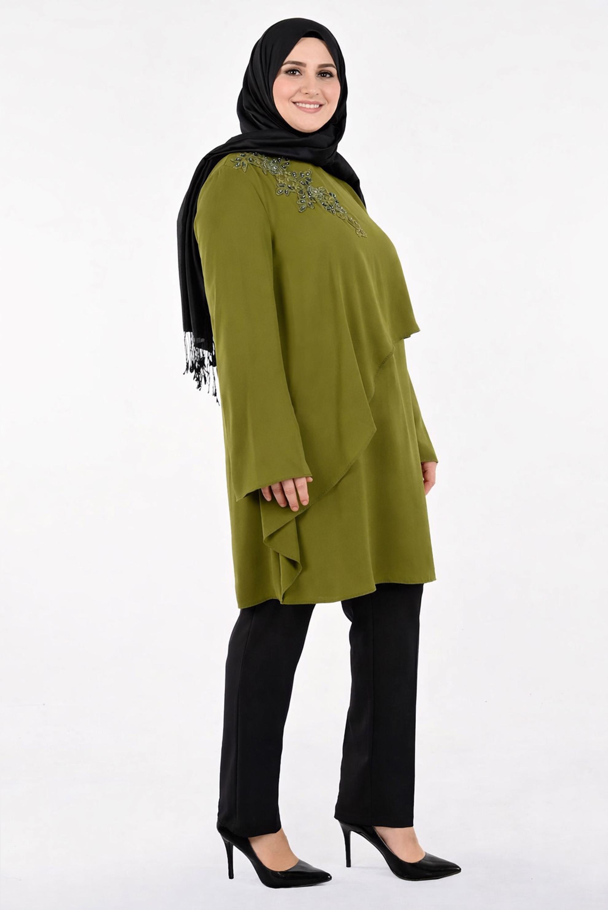 Tesettür giyim YEŞİL TAŞ DETAYLI ASİMETRİK TUNİK 2692