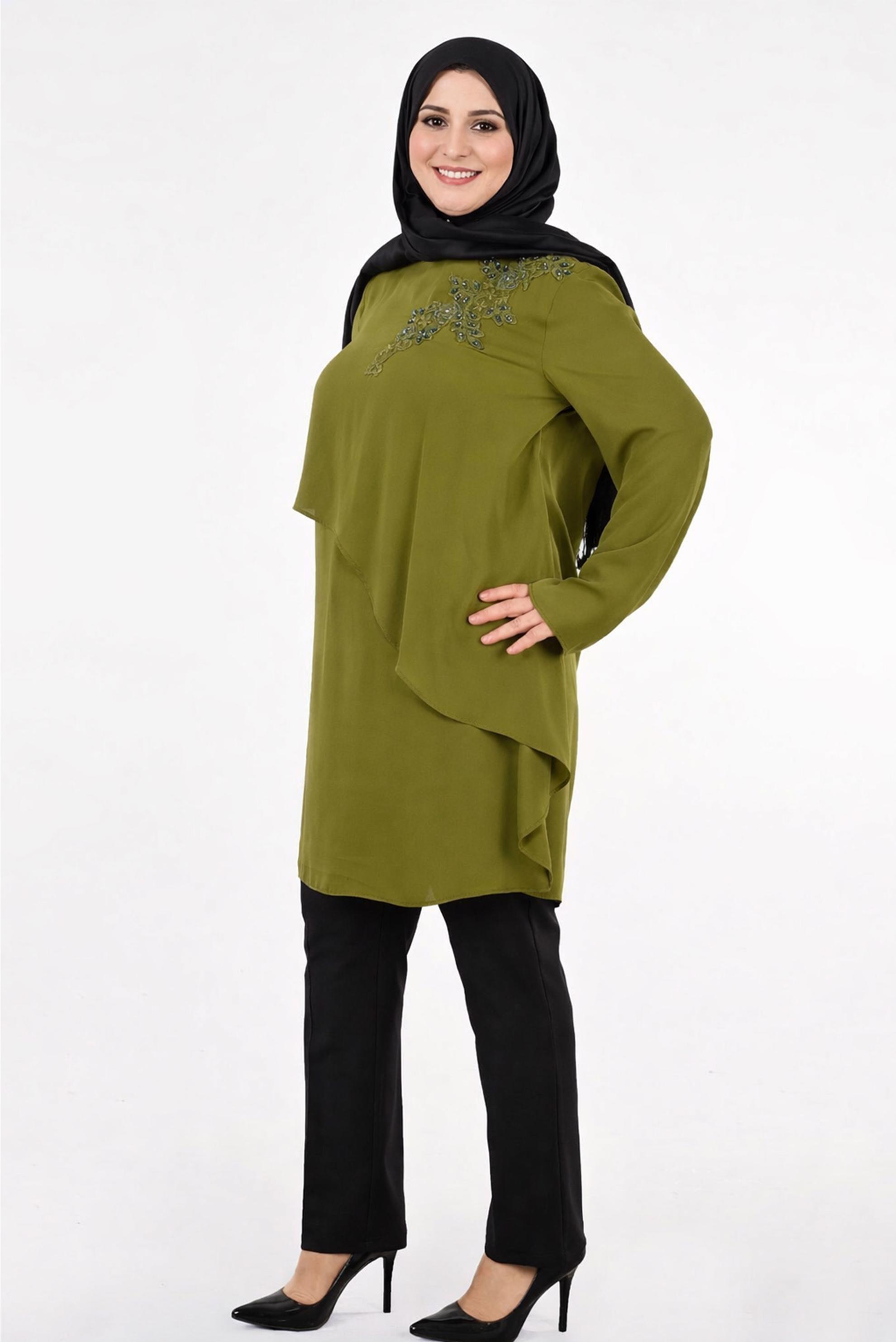 Tesettür giyim YEŞİL TAŞ DETAYLI ASİMETRİK TUNİK 2692