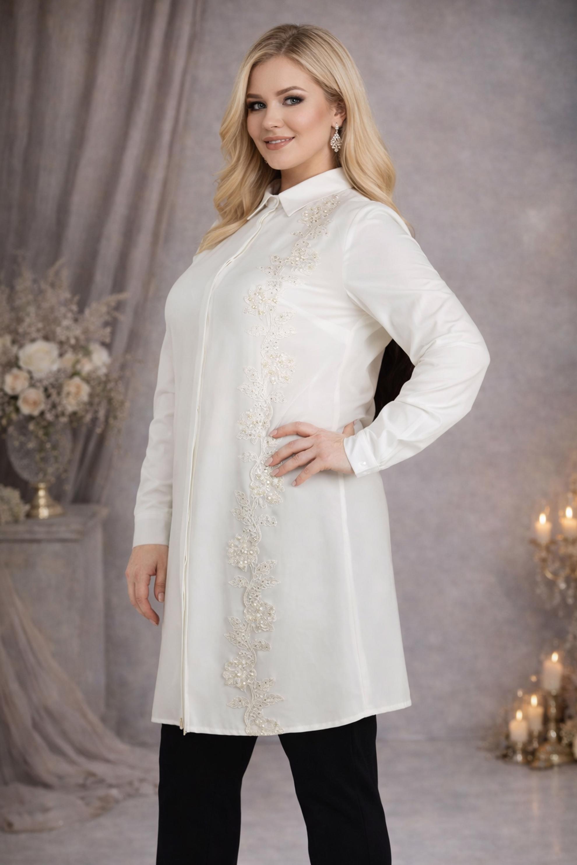 Tesettür giyim EKRU GÖMLEK YAKA NAKIŞLI TUNİK 2694