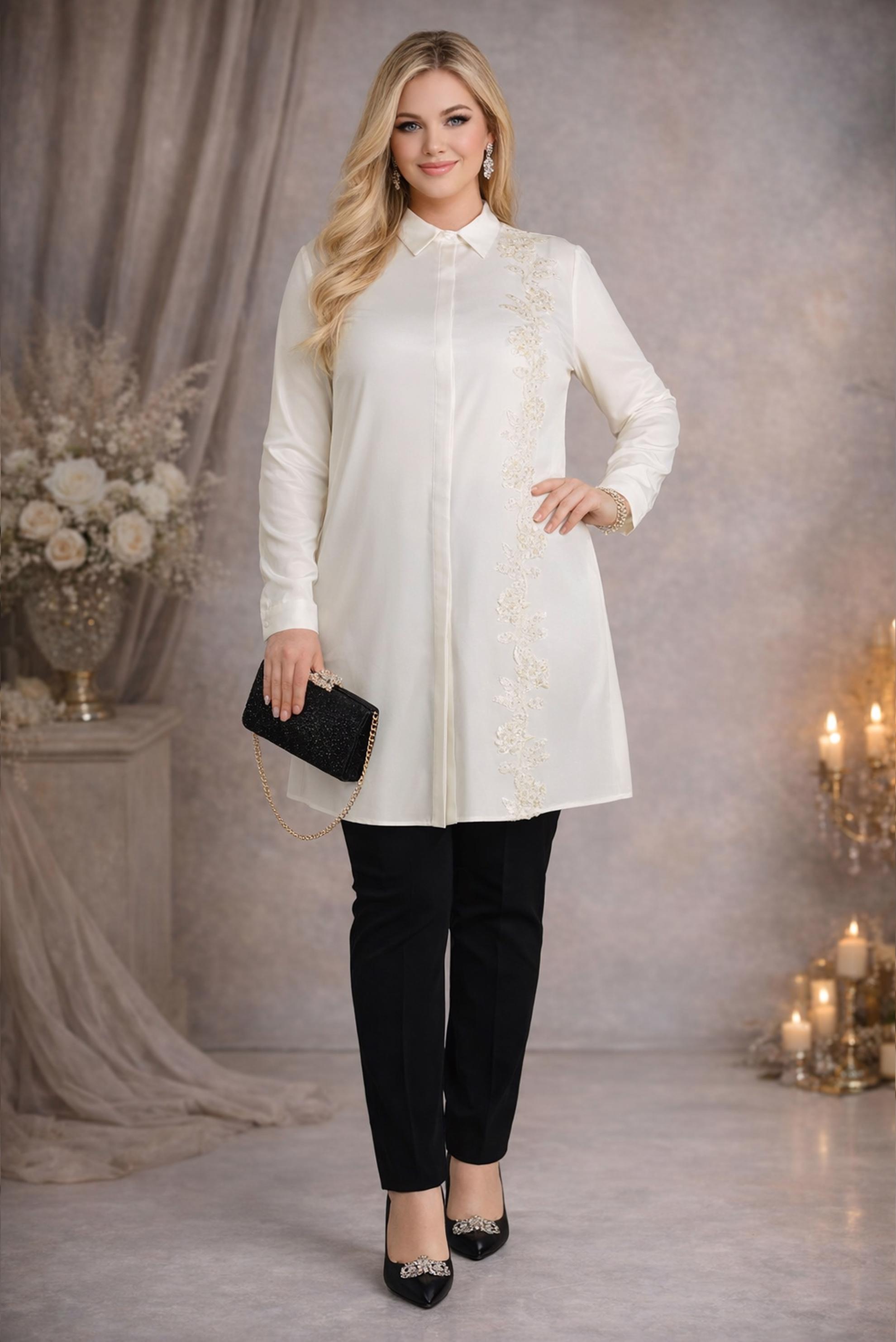 Tesettür giyim EKRU GÖMLEK YAKA NAKIŞLI TUNİK 2694