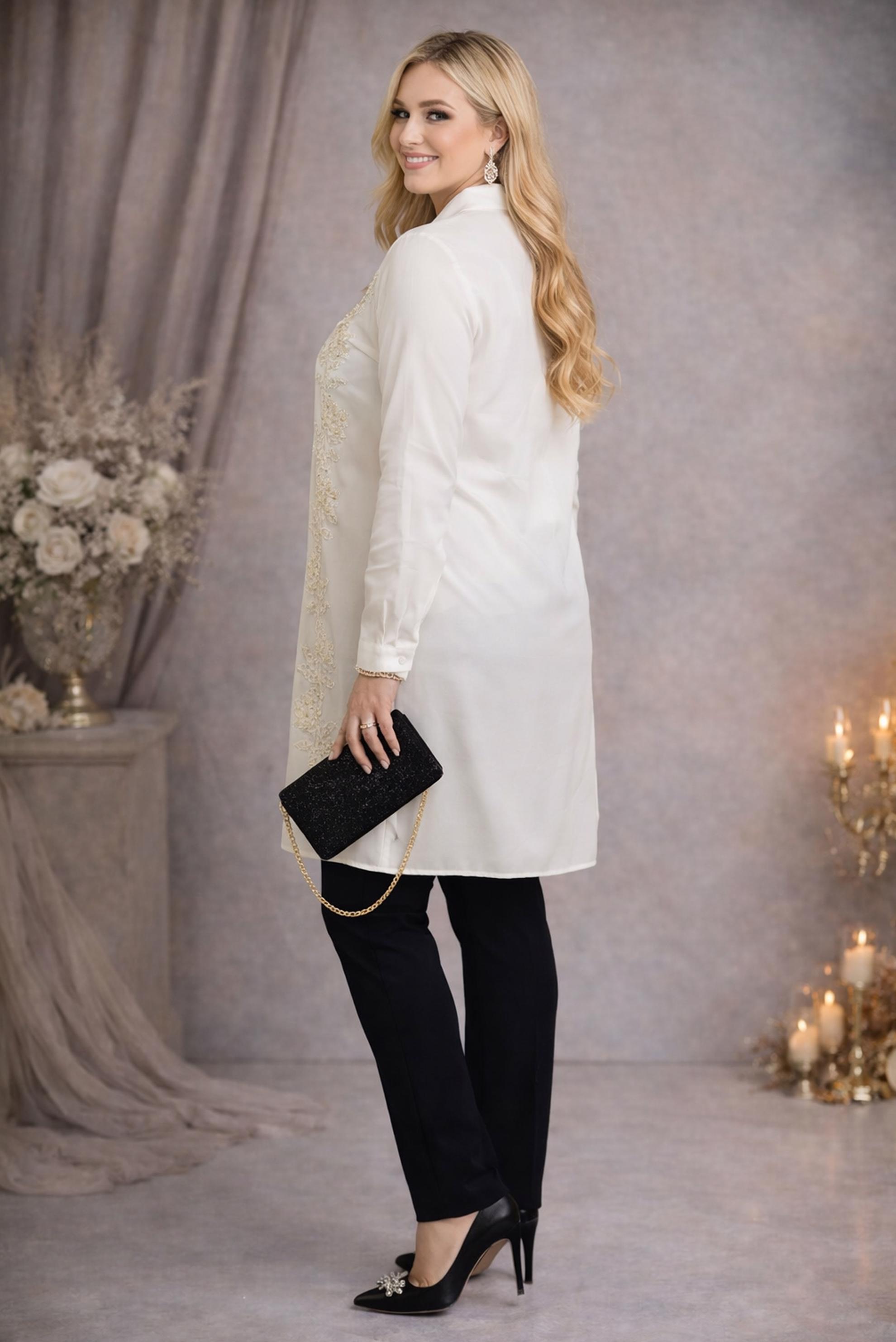 Tesettür giyim EKRU GÖMLEK YAKA NAKIŞLI TUNİK 2694