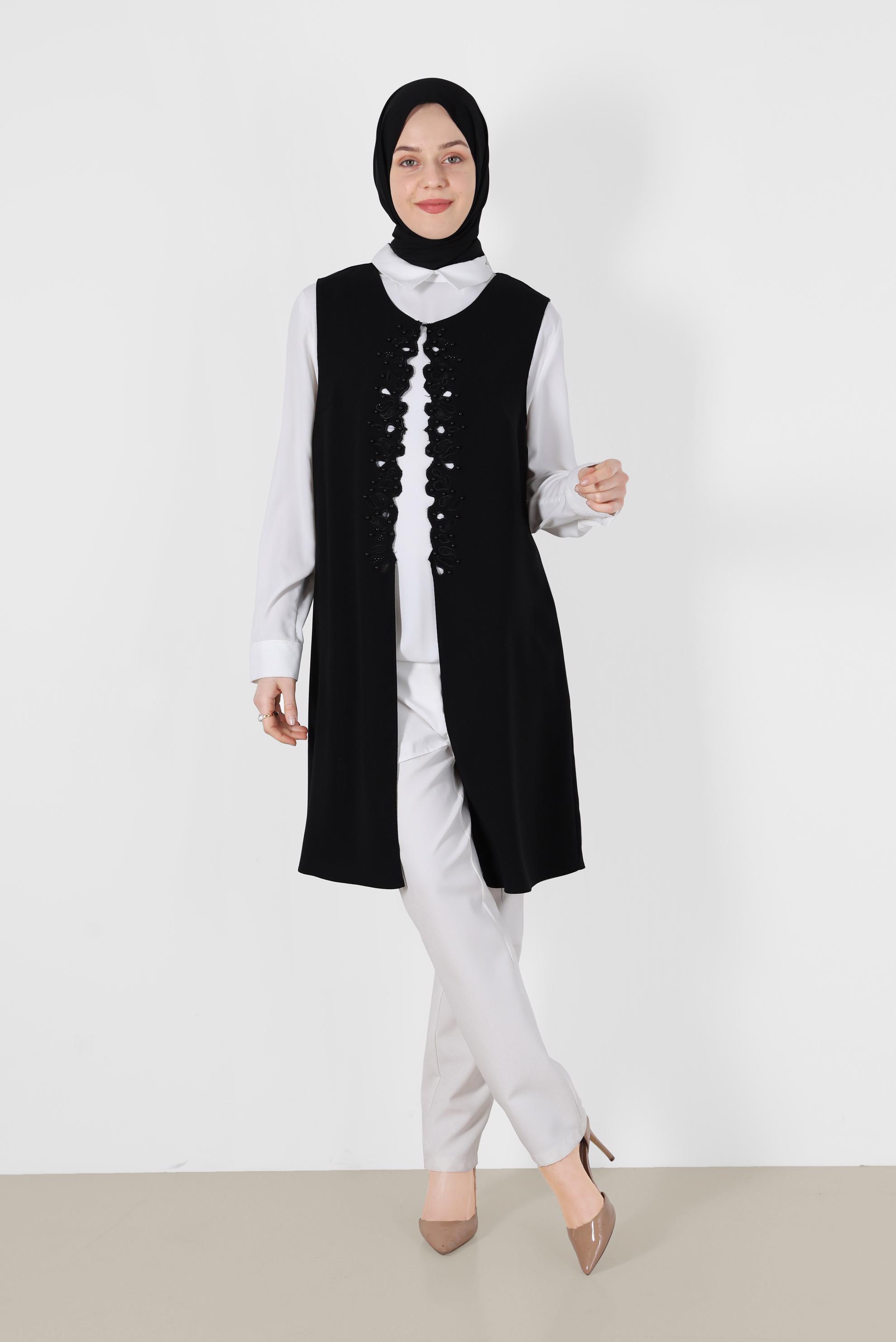 Tesettür giyim SİYAH BONCUKLU NAKIŞLI 2&prime;Lİ TUNİK 2708 