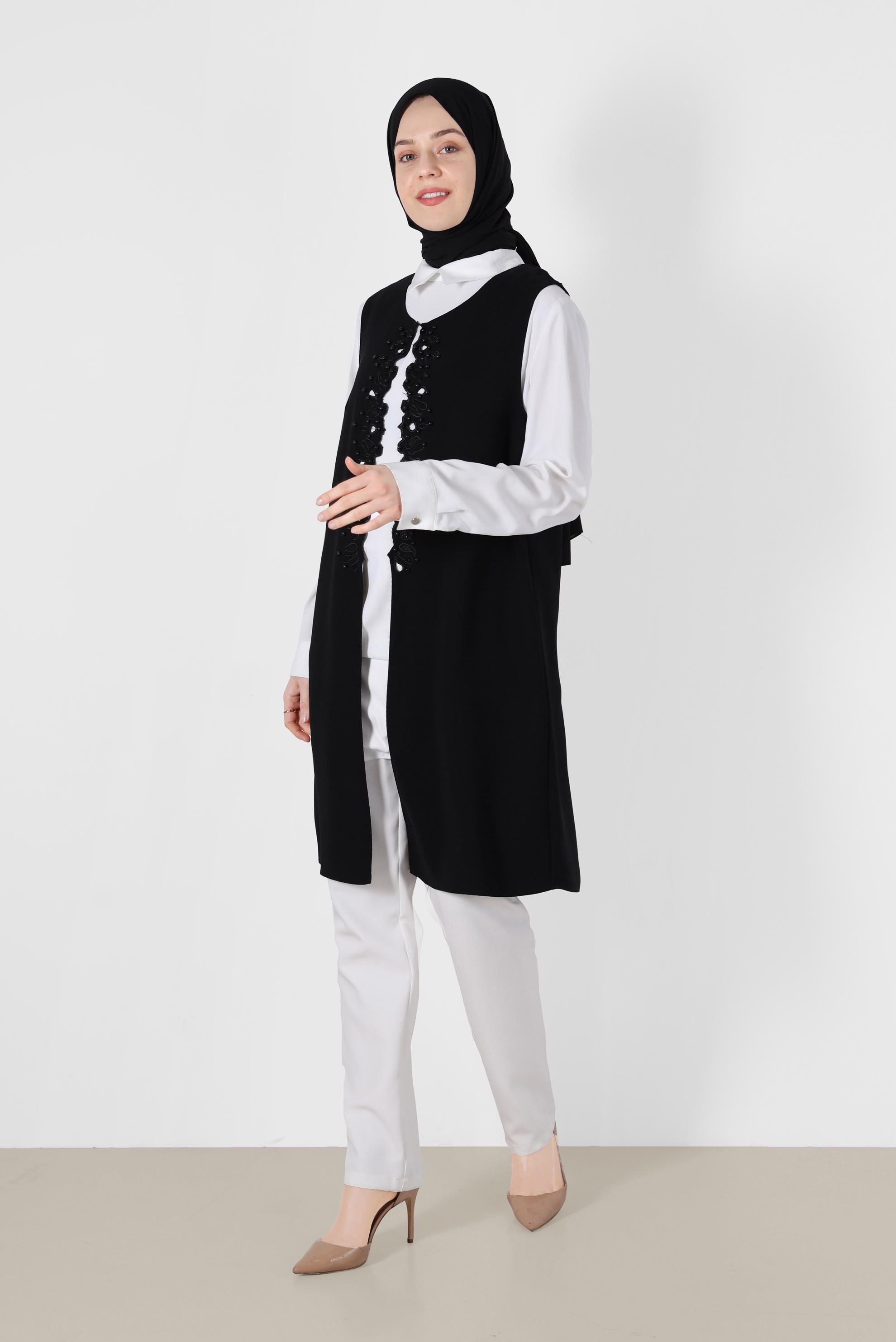 Tesettür giyim SİYAH BONCUKLU NAKIŞLI 2&prime;Lİ TUNİK 2708 