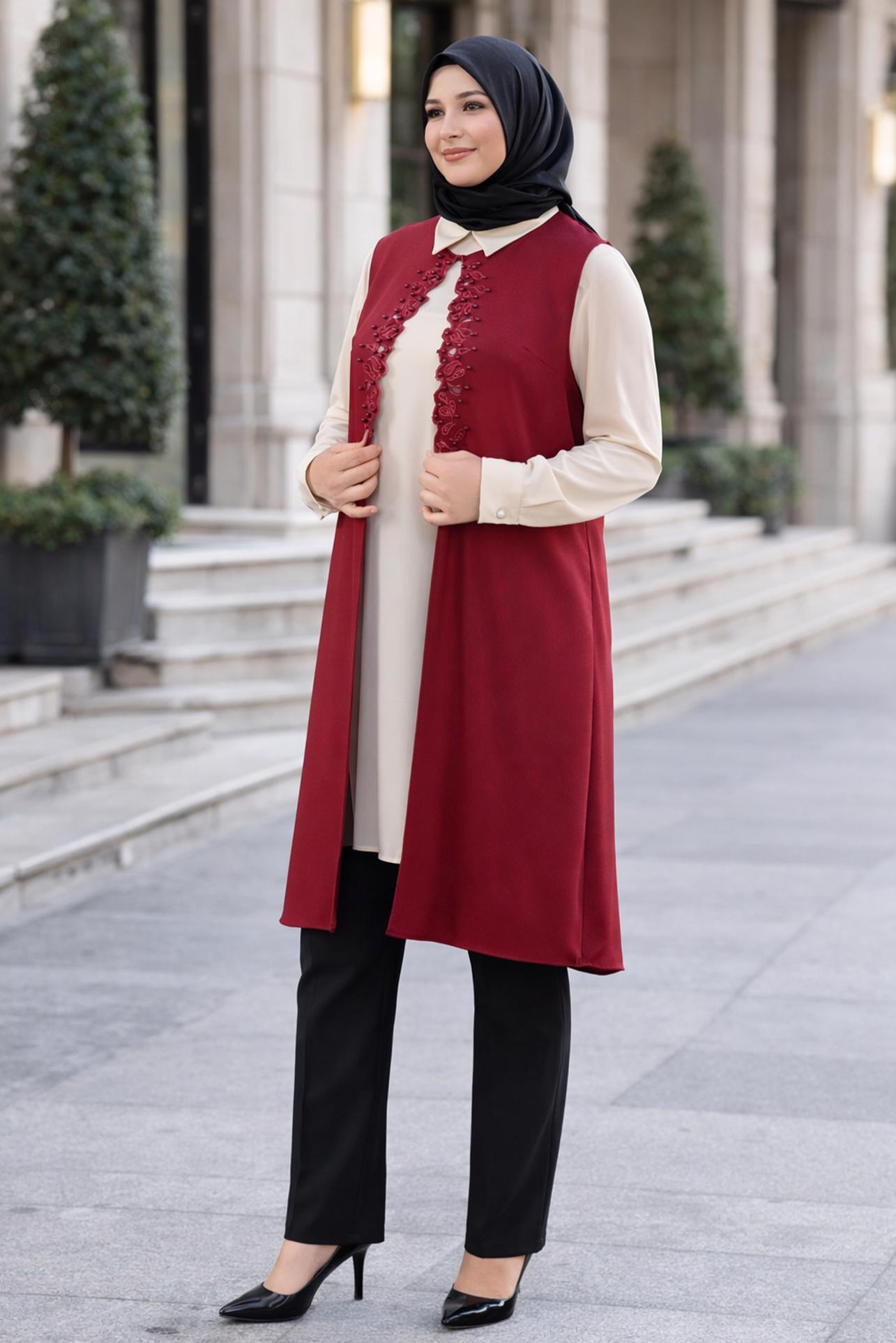 Tesettür giyim KIRMIZI BONCUKLU NAKIŞLI İKİLİ TUNİK 2708